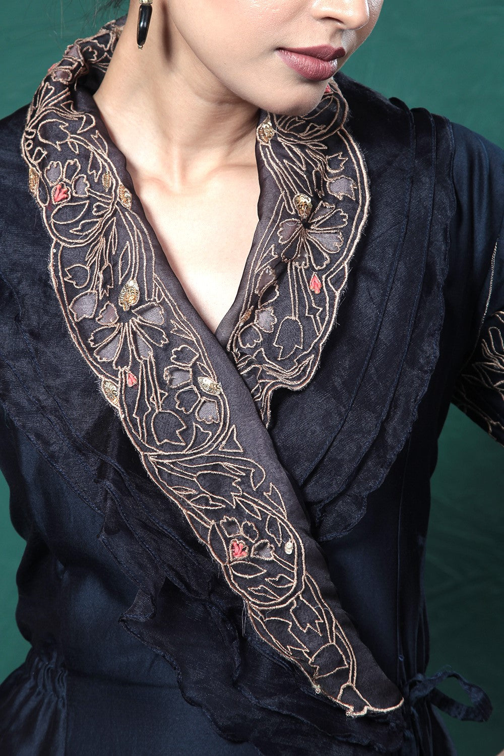 Midnight Blue Embroidered Wrap Dress