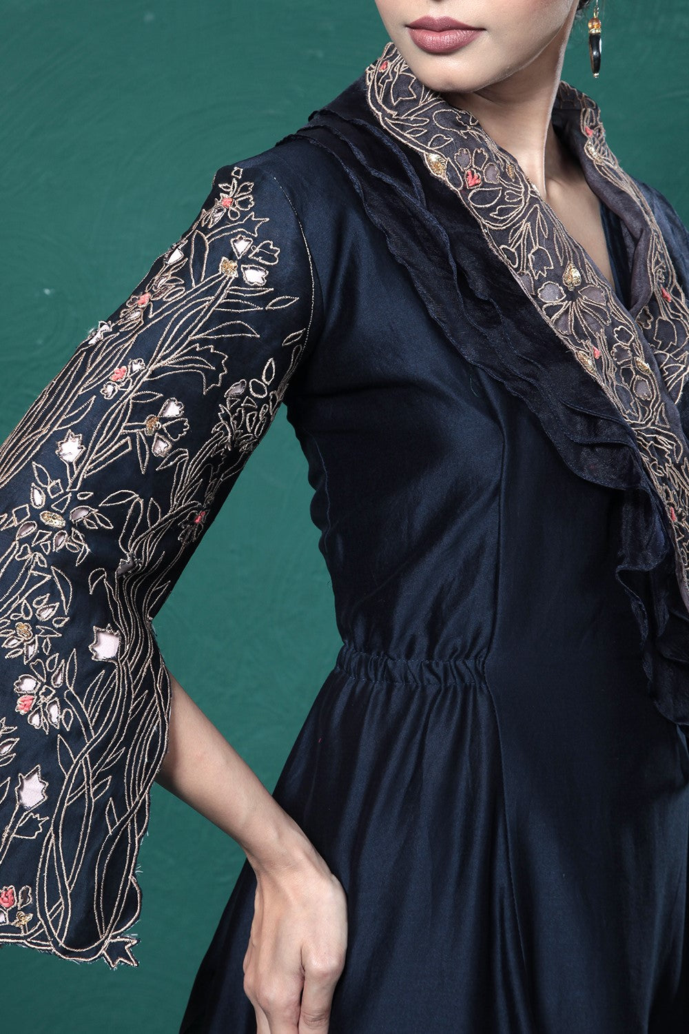 Midnight Blue Embroidered Wrap Dress
