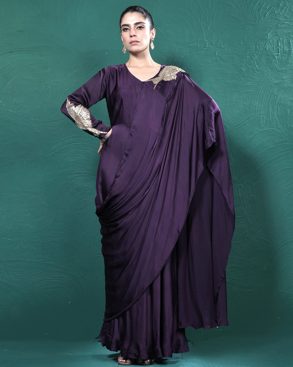 Purple Passion Golden Bird Pre-Draped Saree