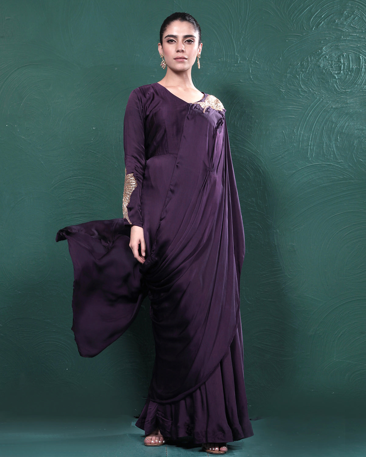 Purple Passion Golden Bird Pre-Draped Saree