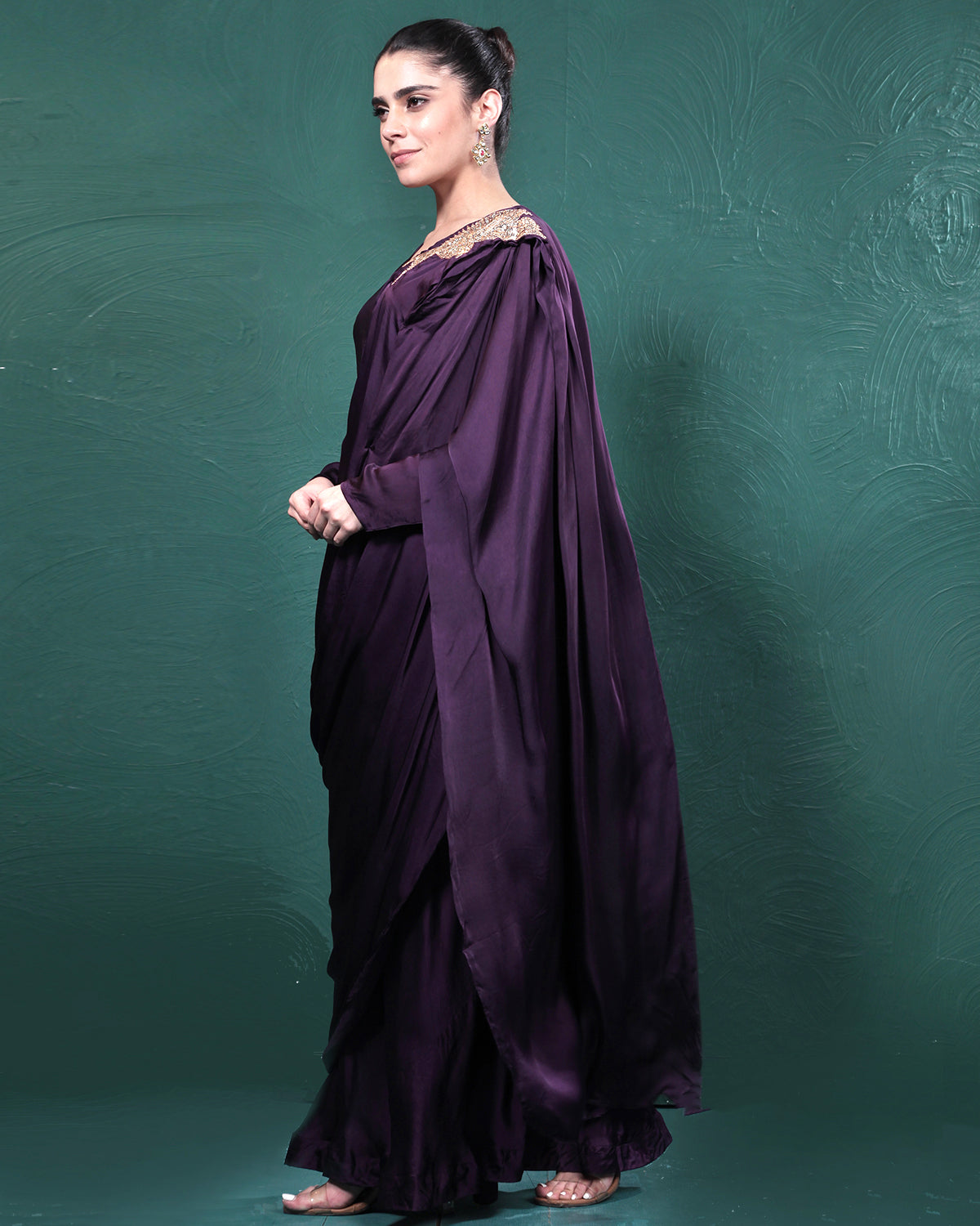 Purple Passion Golden Bird Pre-Draped Saree