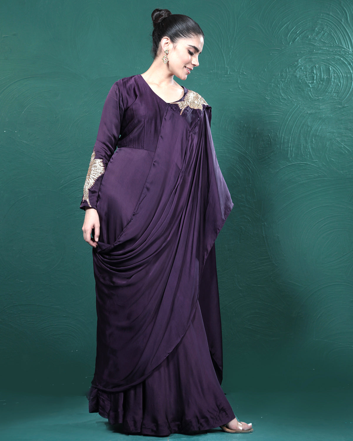 Purple Passion Golden Bird Pre-Draped Saree