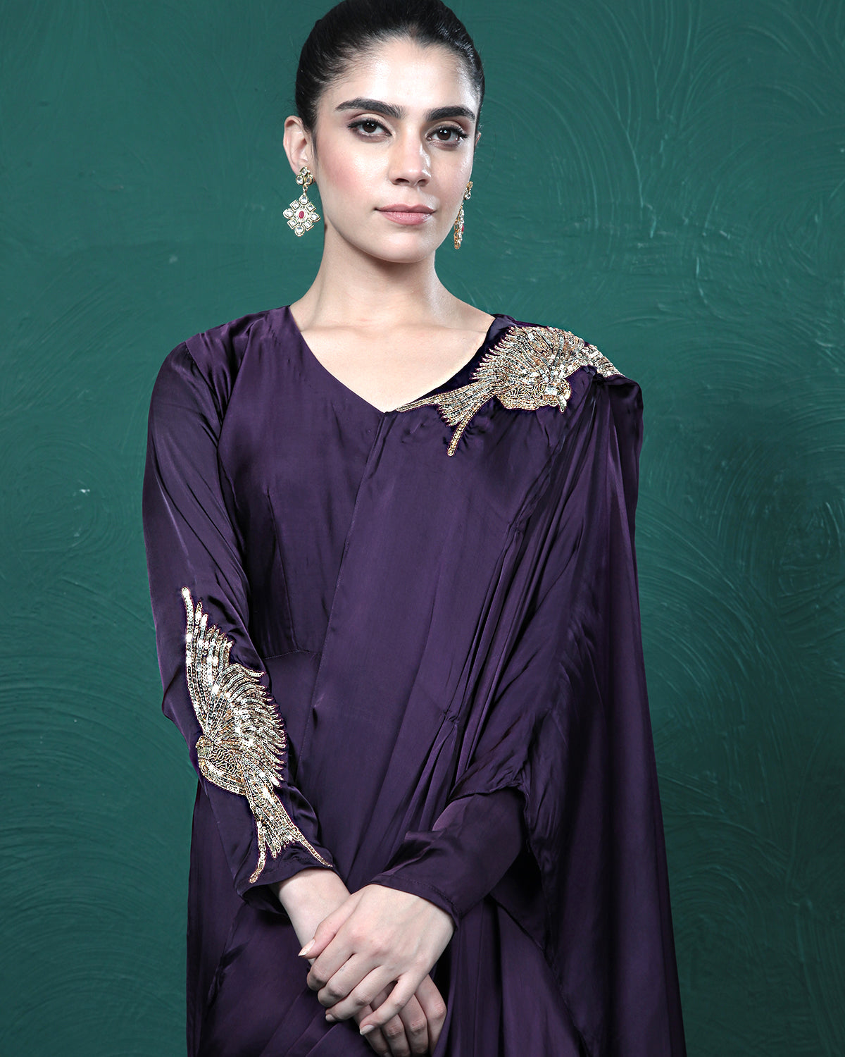 Purple Passion Golden Bird Pre-Draped Saree