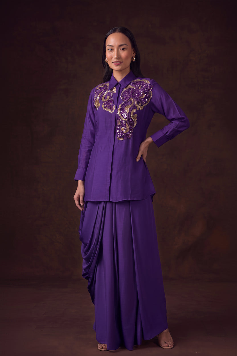 Royal Purple Embellished Satin Silk Skirt Set
