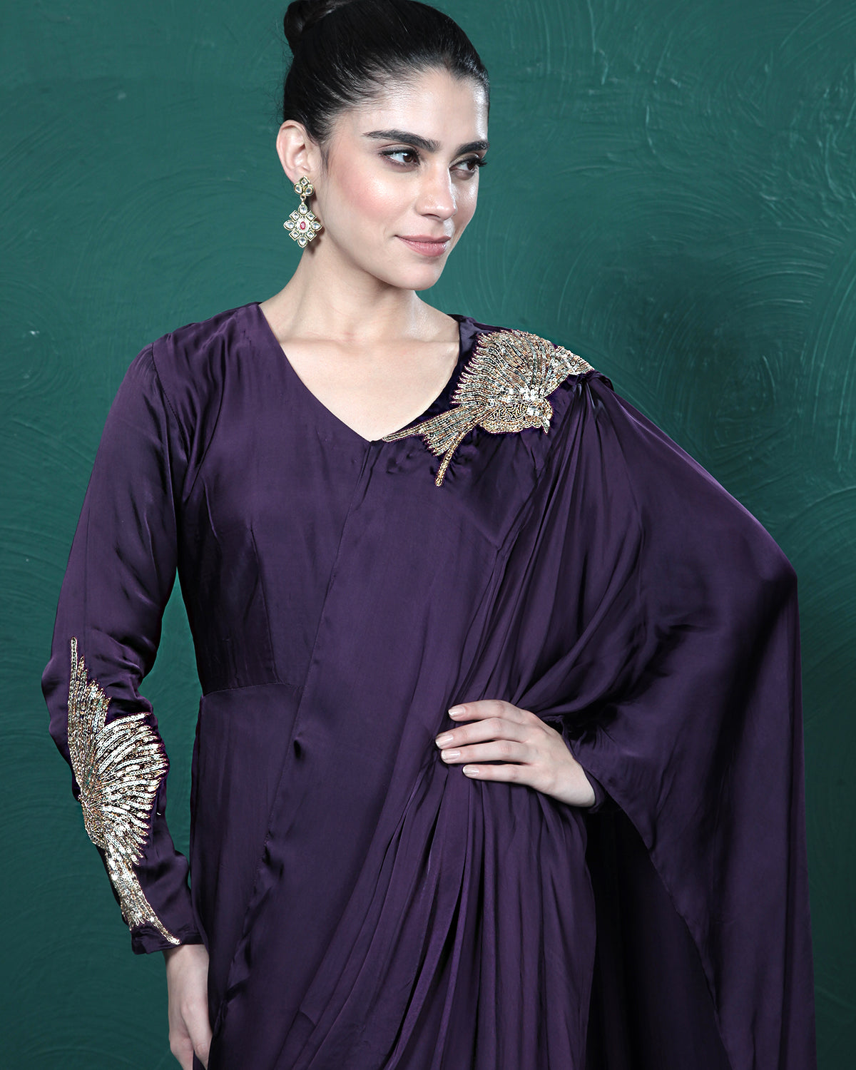 Purple Passion Golden Bird Pre-Draped Saree