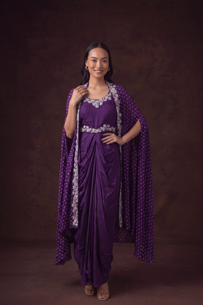 Purple Bandhej Embellished Satin Silk Cape Set