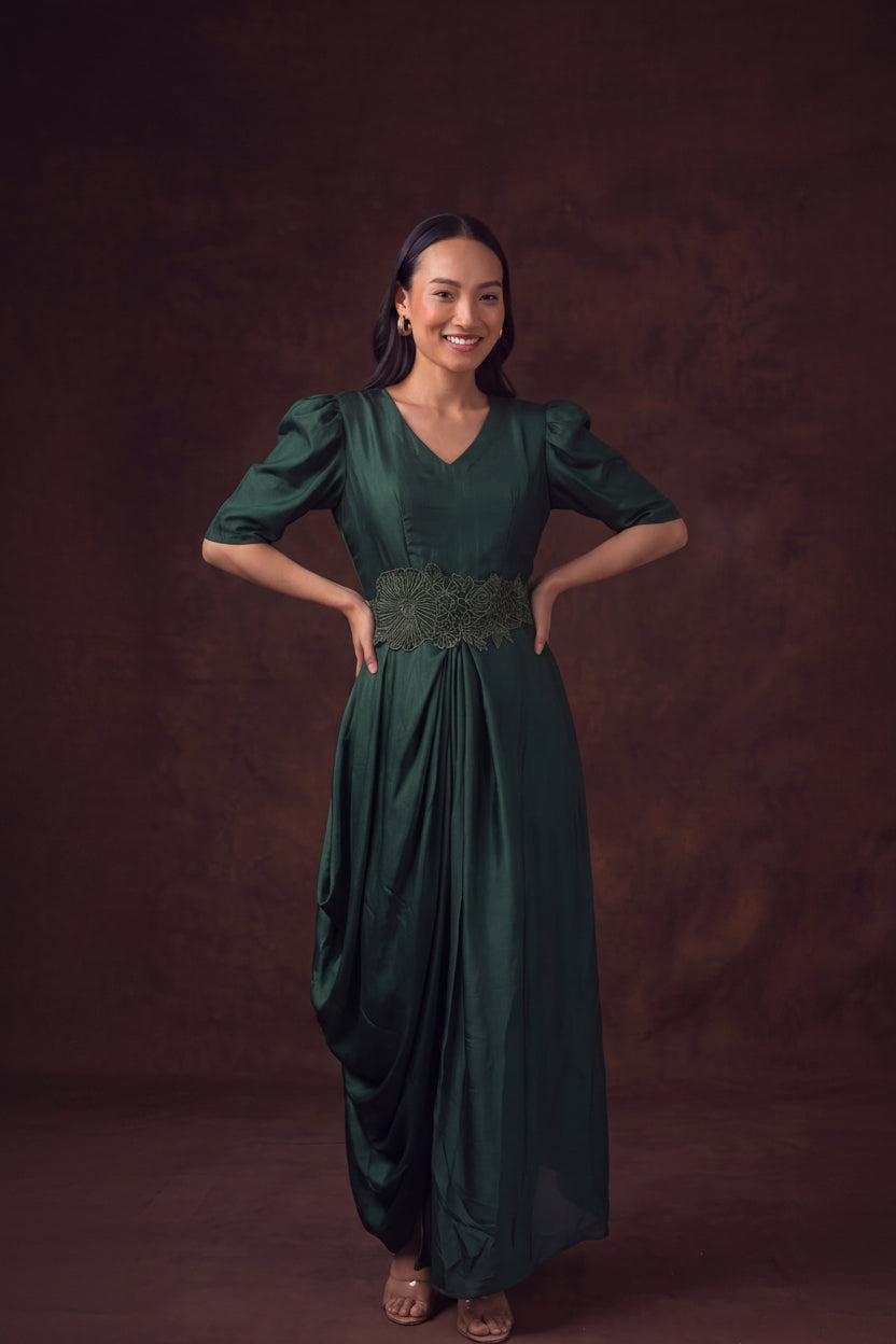 Emerald Embellished Satin Silk Dress