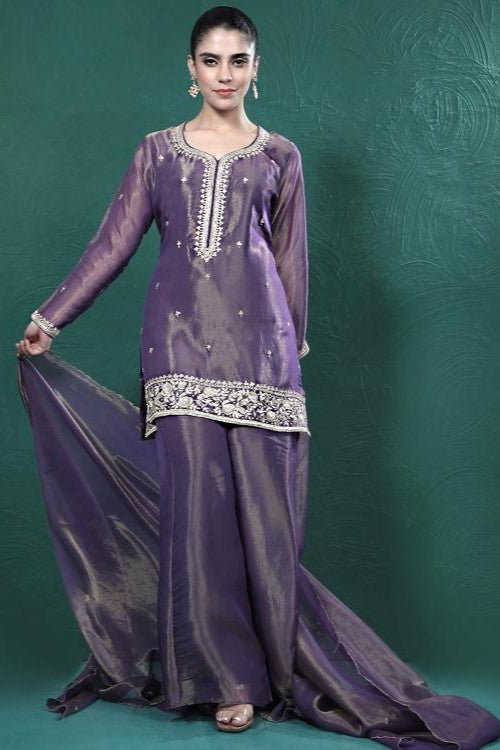 Purple Embellished Premium Tissue Palazzo Set