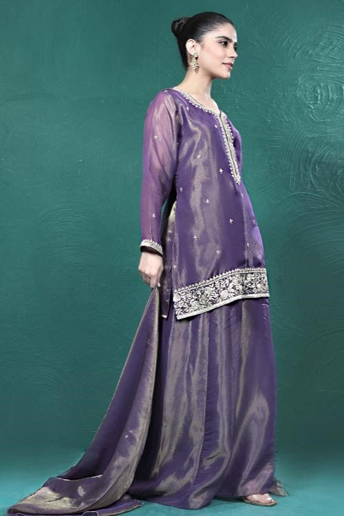 Purple Embellished Premium Tissue Palazzo Set