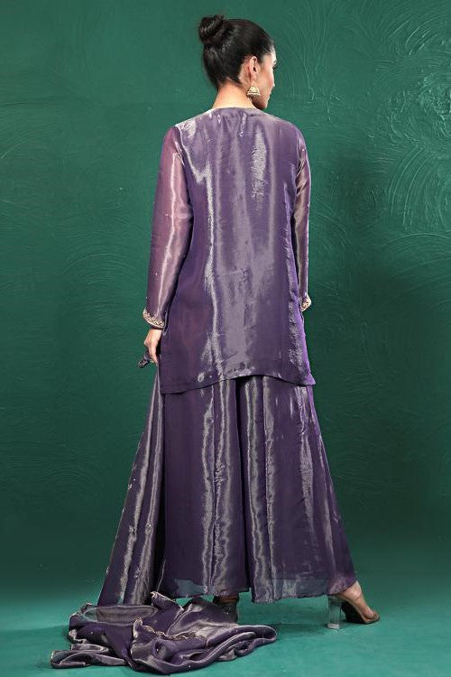 Purple Embroidered Shimmer Tissue Palazzo Set
