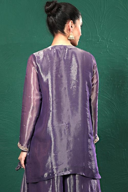 Purple Embroidered Shimmer Tissue Palazzo Set