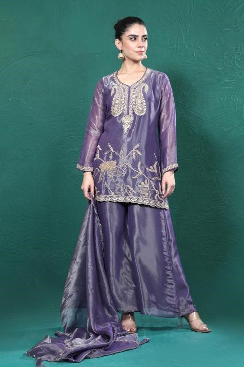 Purple Embroidered Shimmer Tissue Palazzo Set