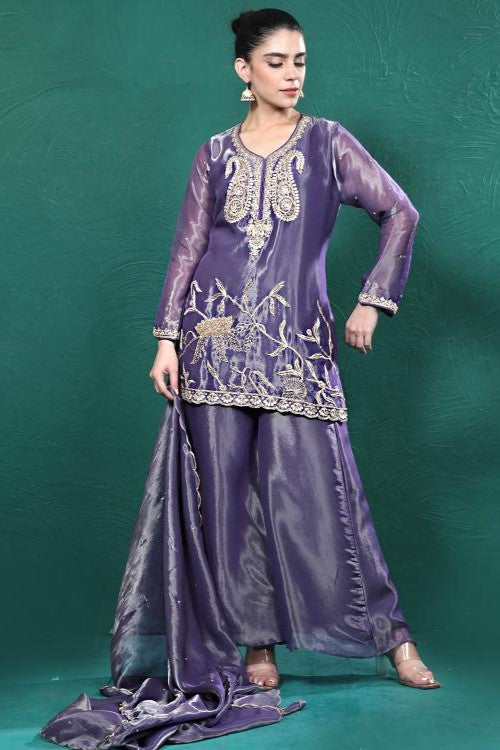 Purple Embroidered Shimmer Tissue Palazzo Set