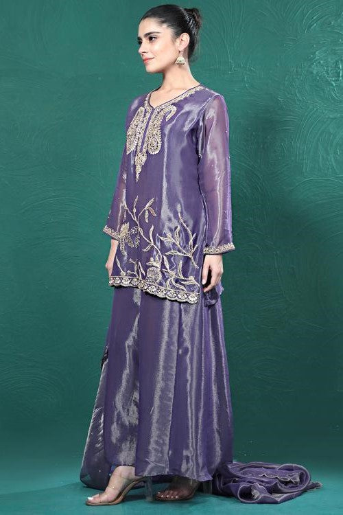 Purple Embroidered Shimmer Tissue Palazzo Set