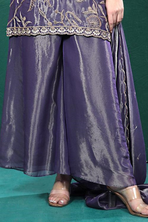 Purple Embroidered Shimmer Tissue Palazzo Set