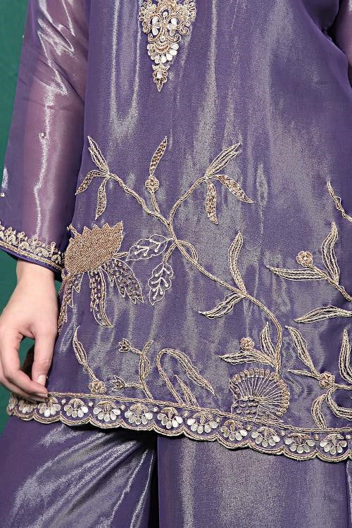 Purple Embroidered Shimmer Tissue Palazzo Set