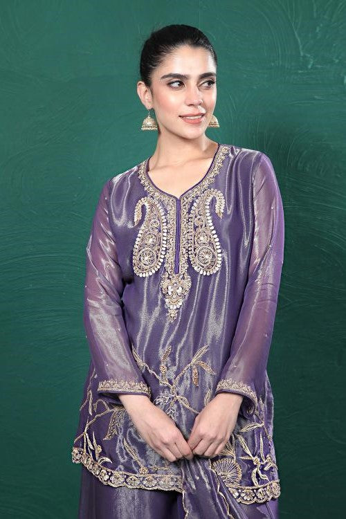 Purple Embroidered Shimmer Tissue Palazzo Set