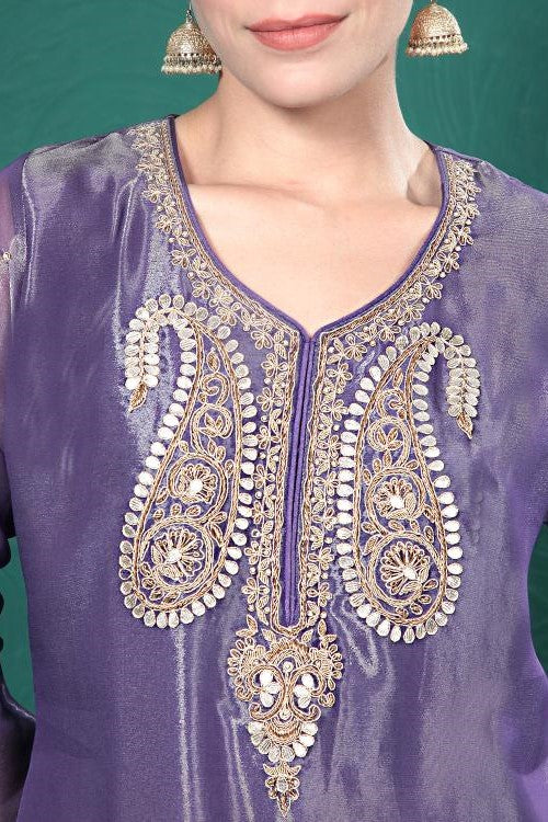 Purple Embroidered Shimmer Tissue Palazzo Set