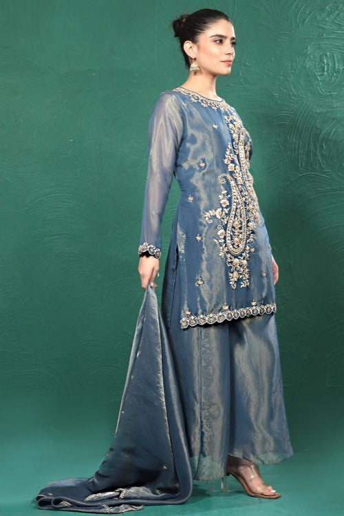 Blue Embroidered Shimmer Tissue Palazzo Set