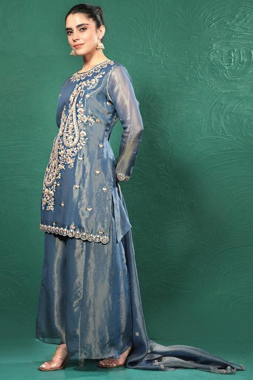 Blue Embroidered Shimmer Tissue Palazzo Set