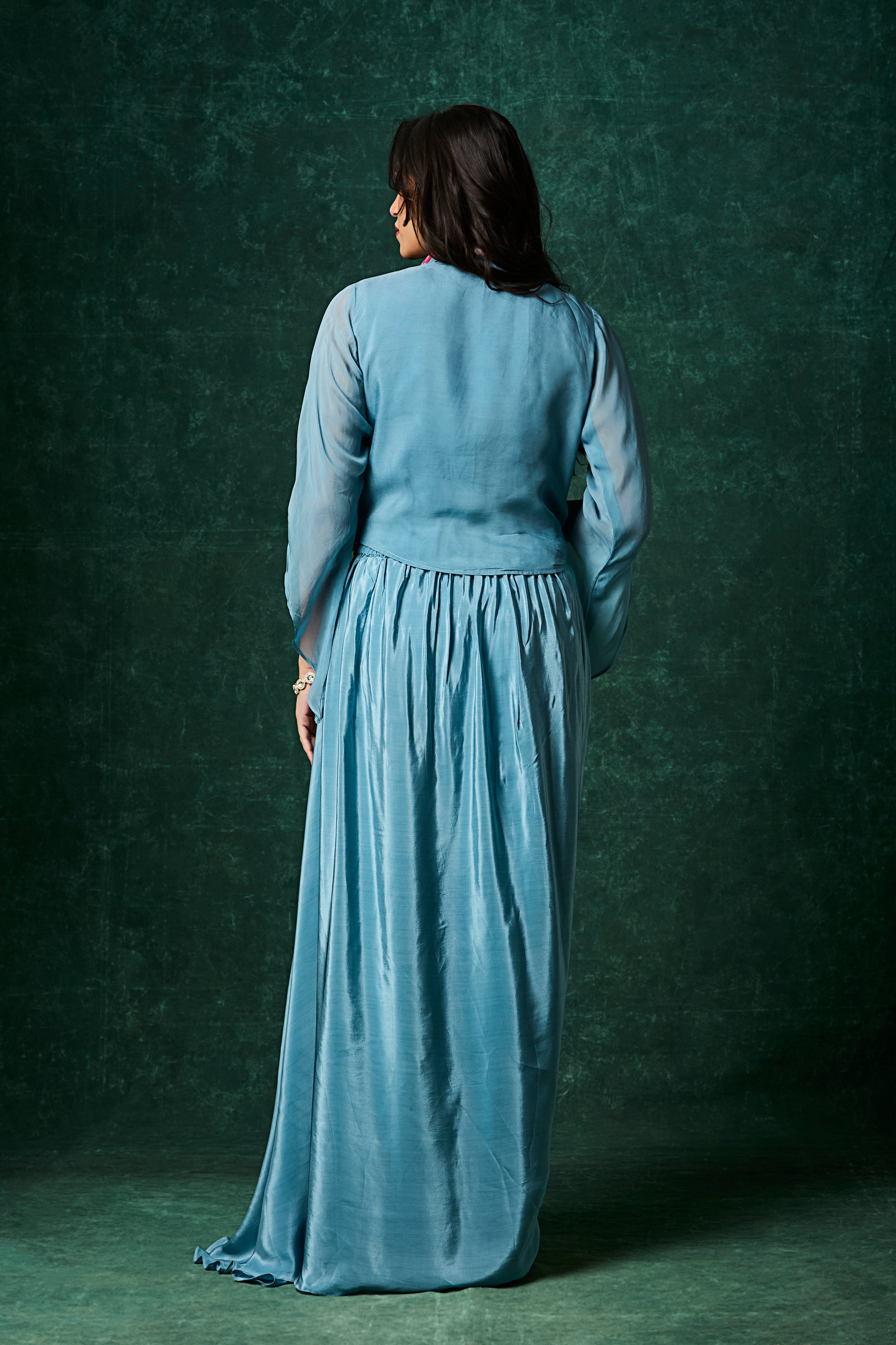 Ocean Blue Embellished Crepe Silk Skirt Set