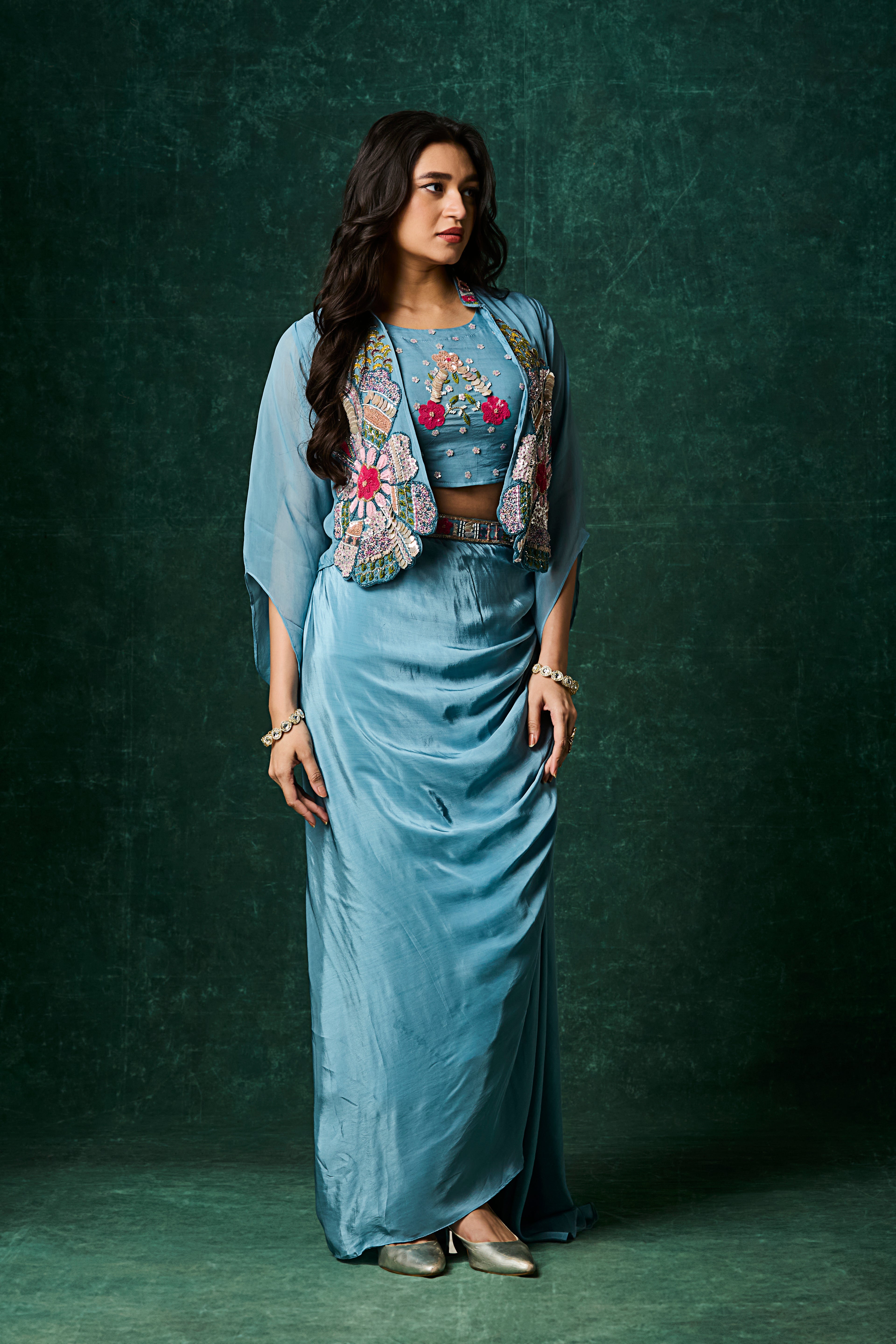 Ocean Blue Embellished Crepe Silk Skirt Set