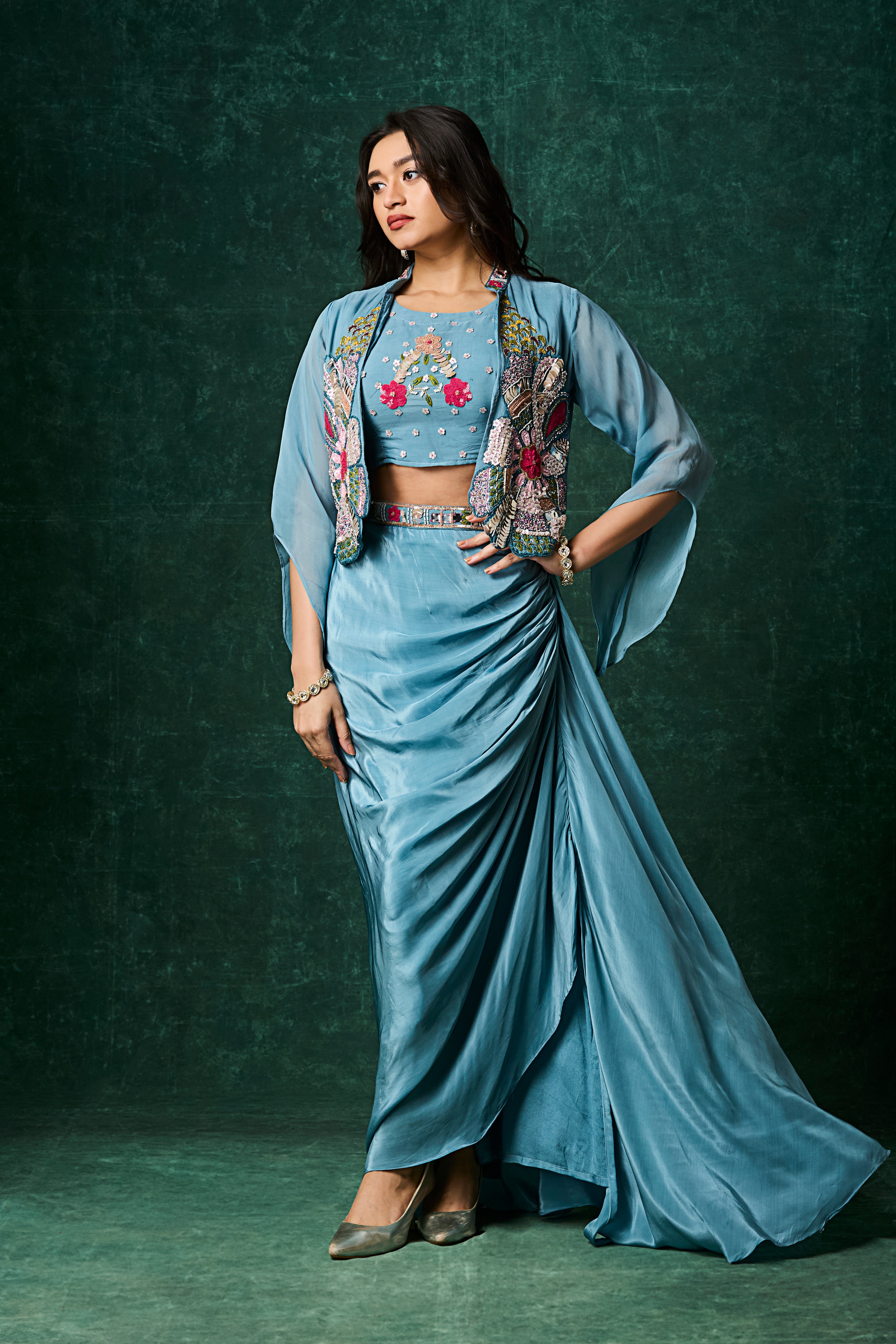 Ocean Blue Embellished Crepe Silk Skirt Set
