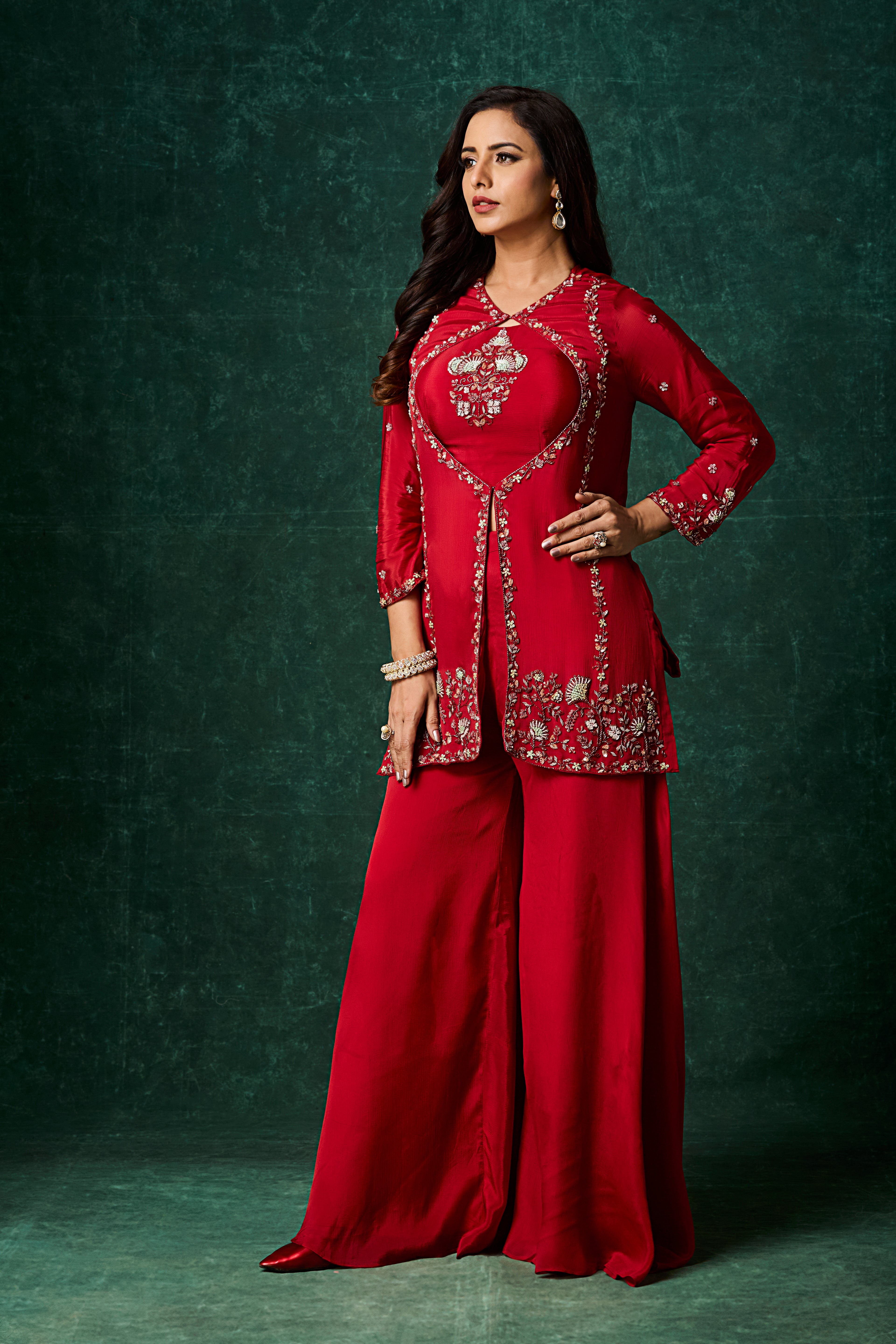 Vibrant Red Embellished Chinon Silk Palazzo Set
