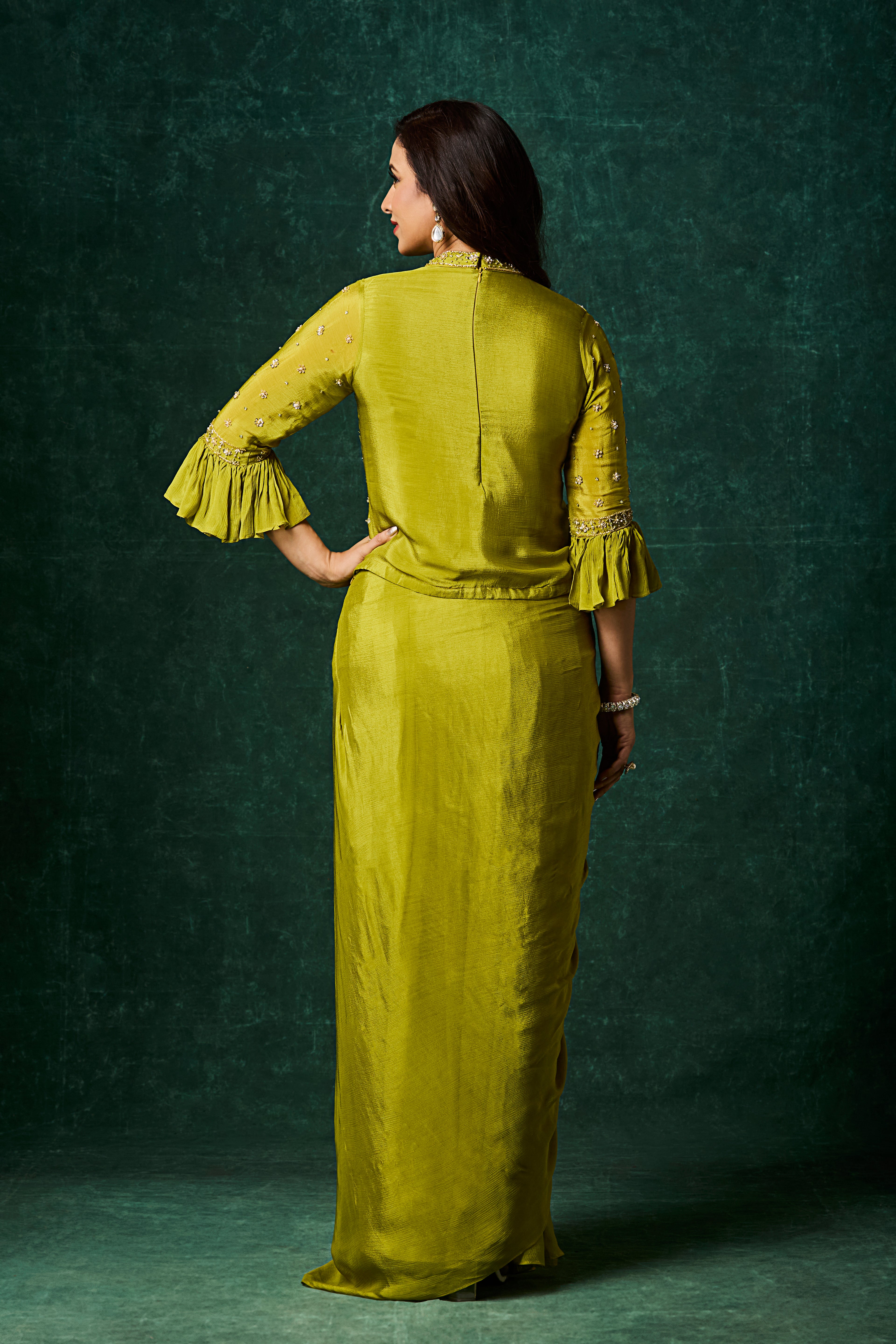 Zesty Lime Embellished Chinon Silk Skirt Set