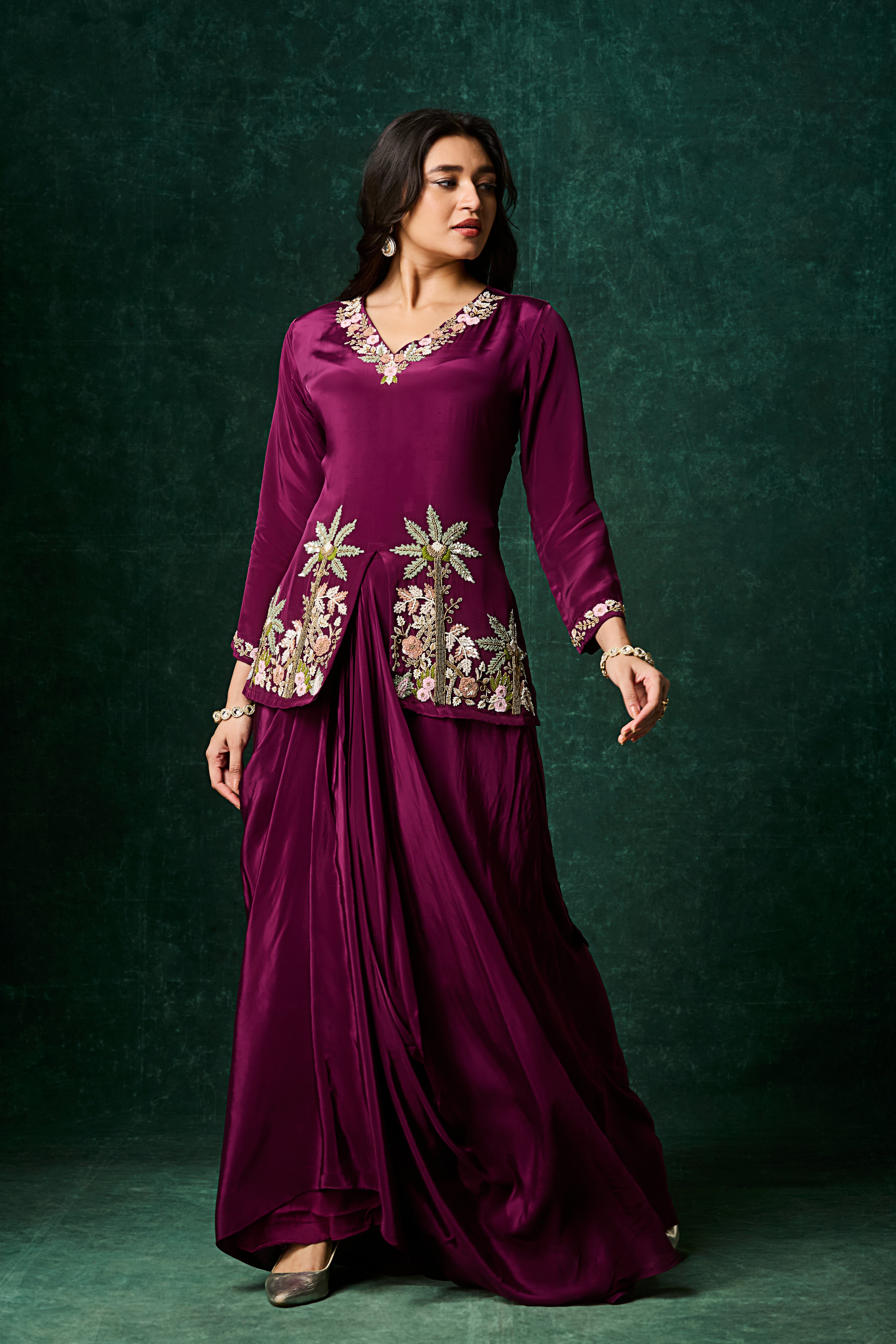 Wine Purple Embellished Crepe Silk Skirt Set