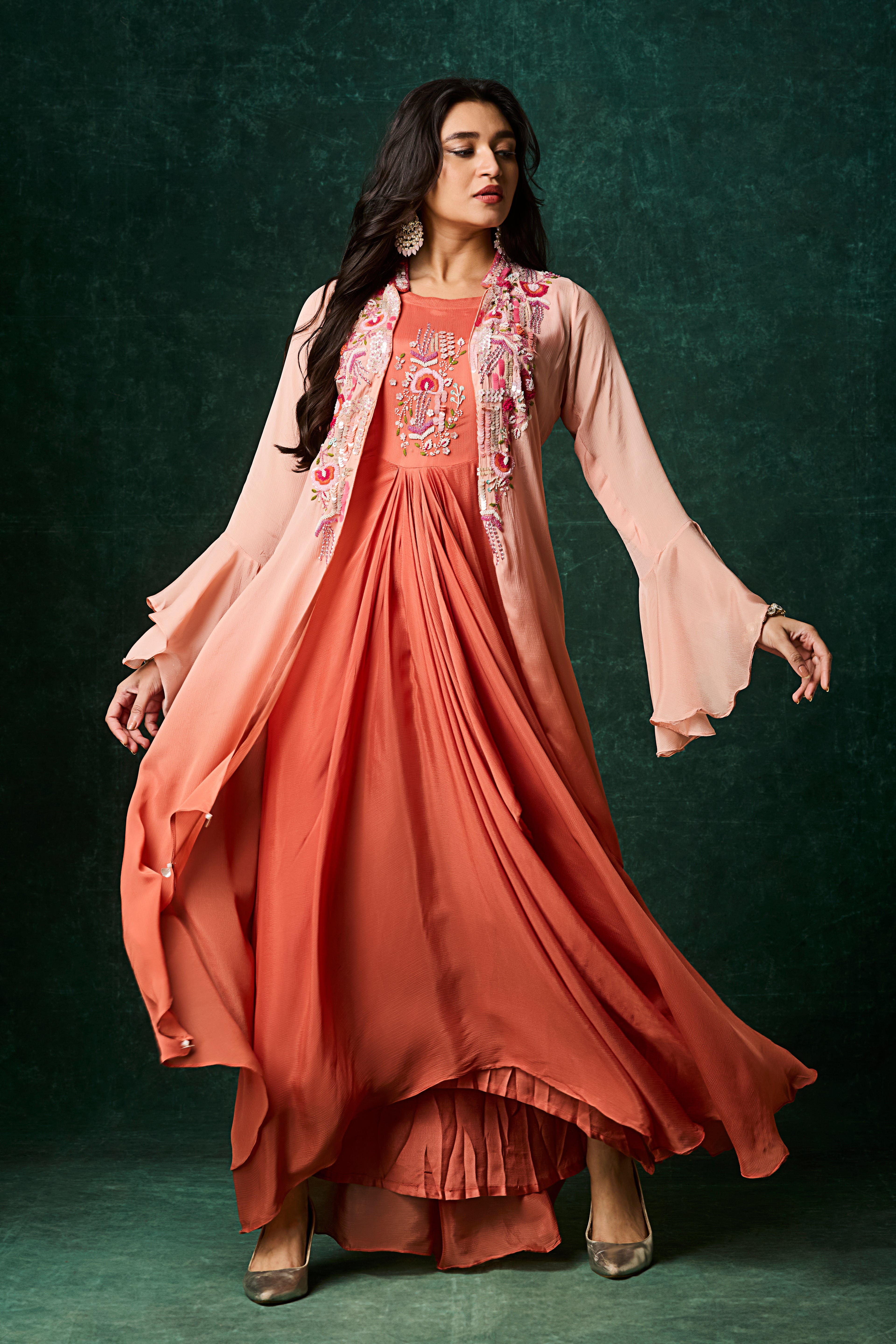Dusty Orange Ombre Embellished Chinon Silk Gown