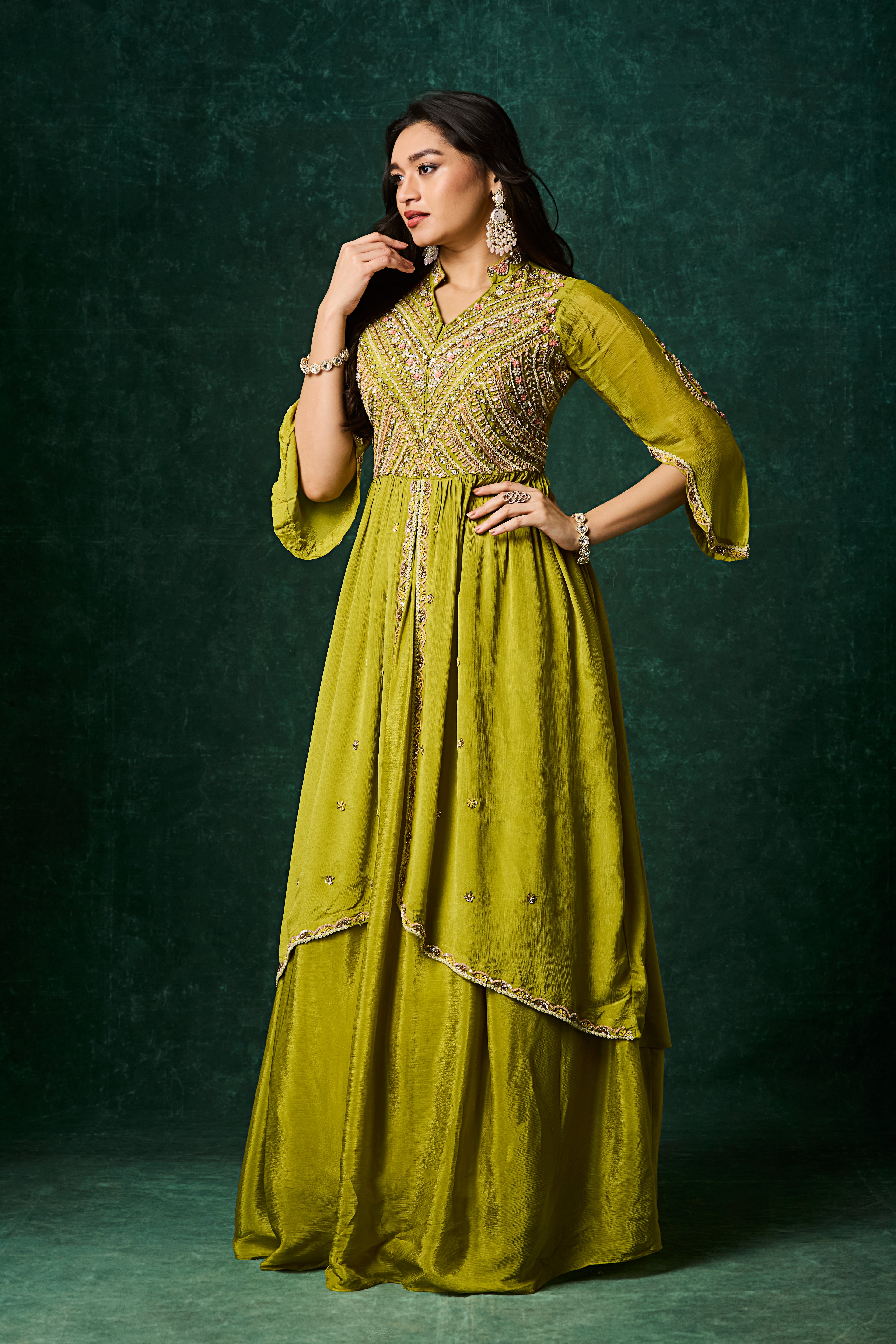 Pear Green Embellished Chinon Silk Skirt Set