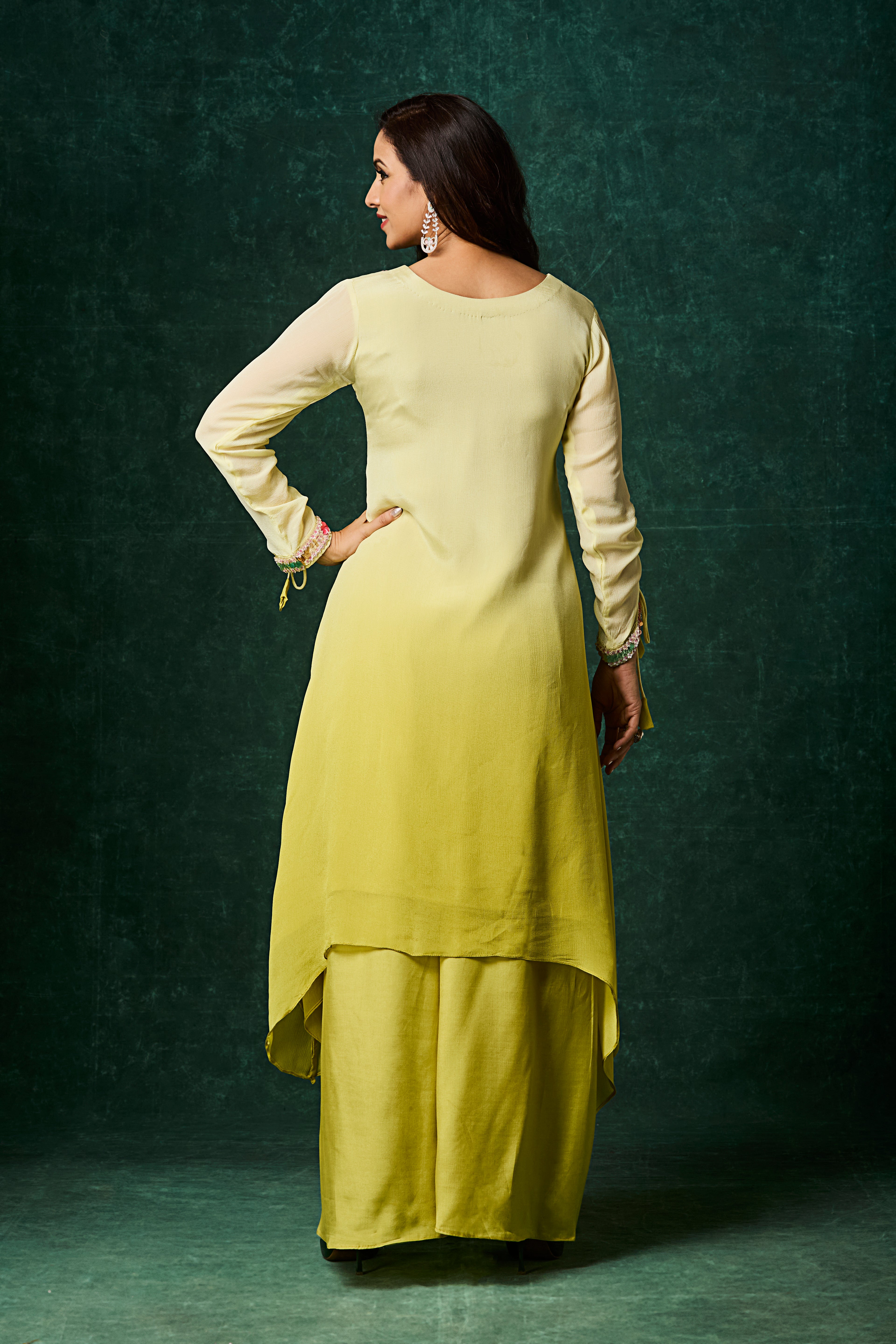 Lime Yellow Ombre Embellished Chinon Silk Kurta Set