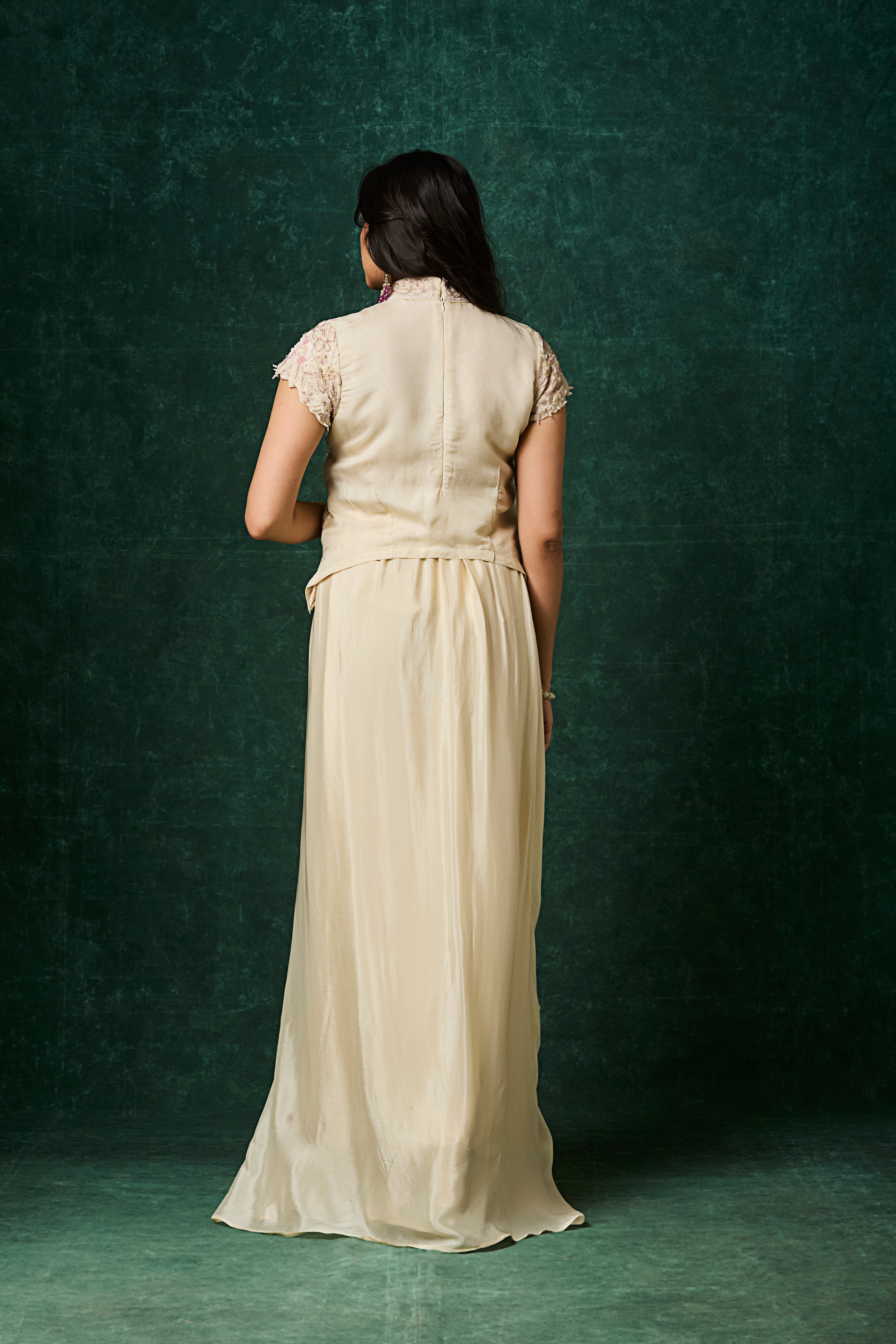 Off-White Embellished Chinon Silk Skirt Set