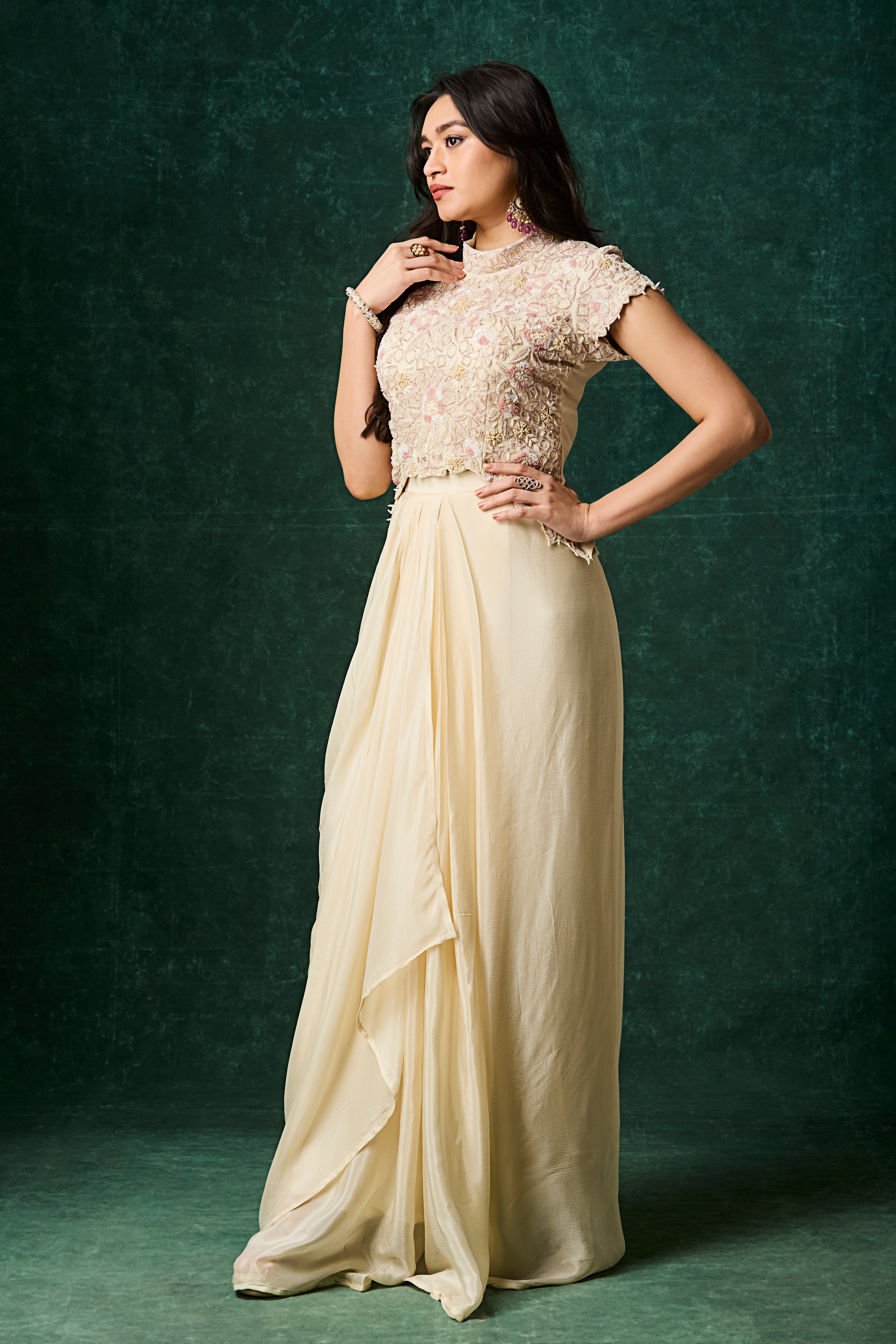 Off-White Embellished Chinon Silk Skirt Set