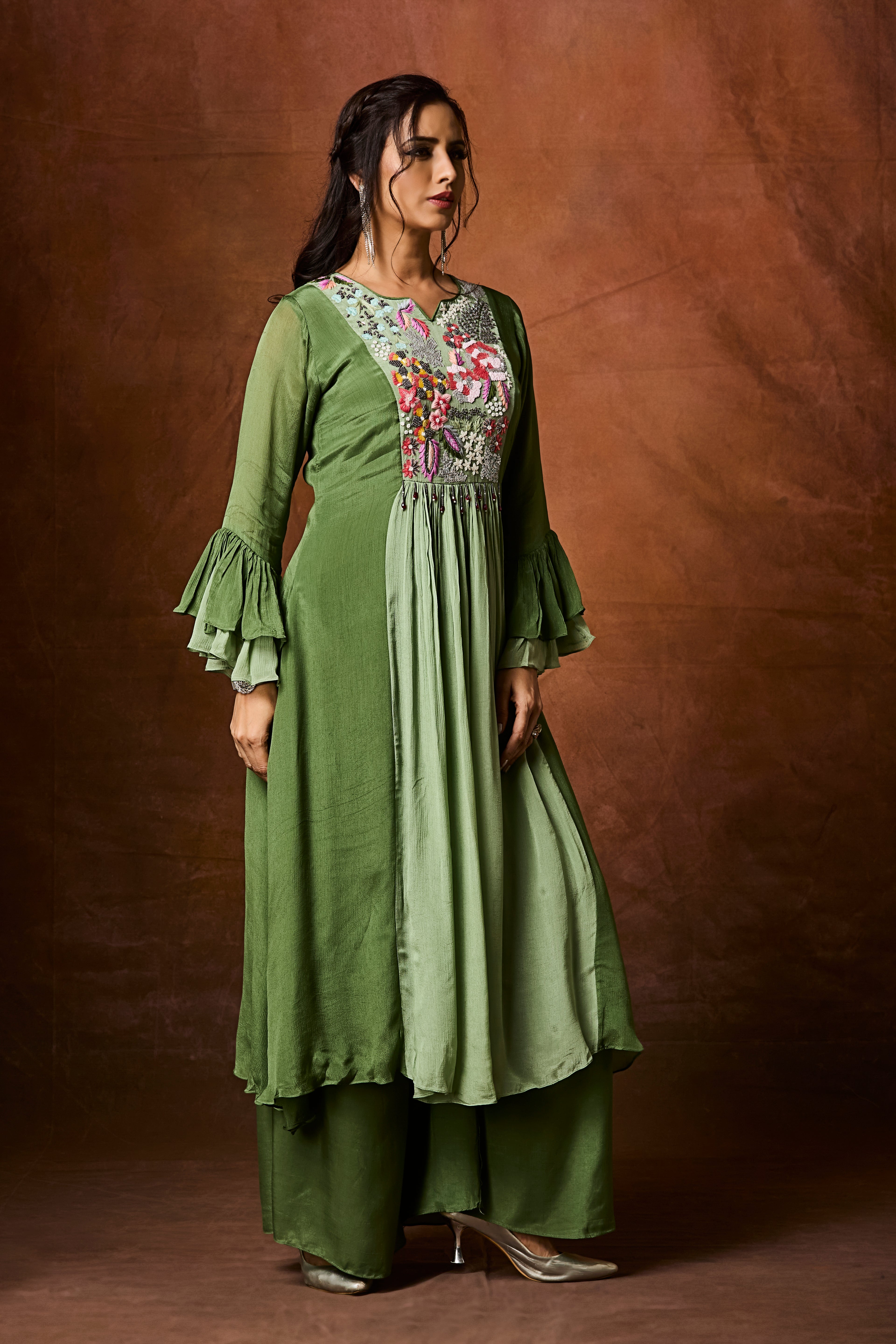 Deep Moss Green Embellished Chinon Silk Palazzo Set