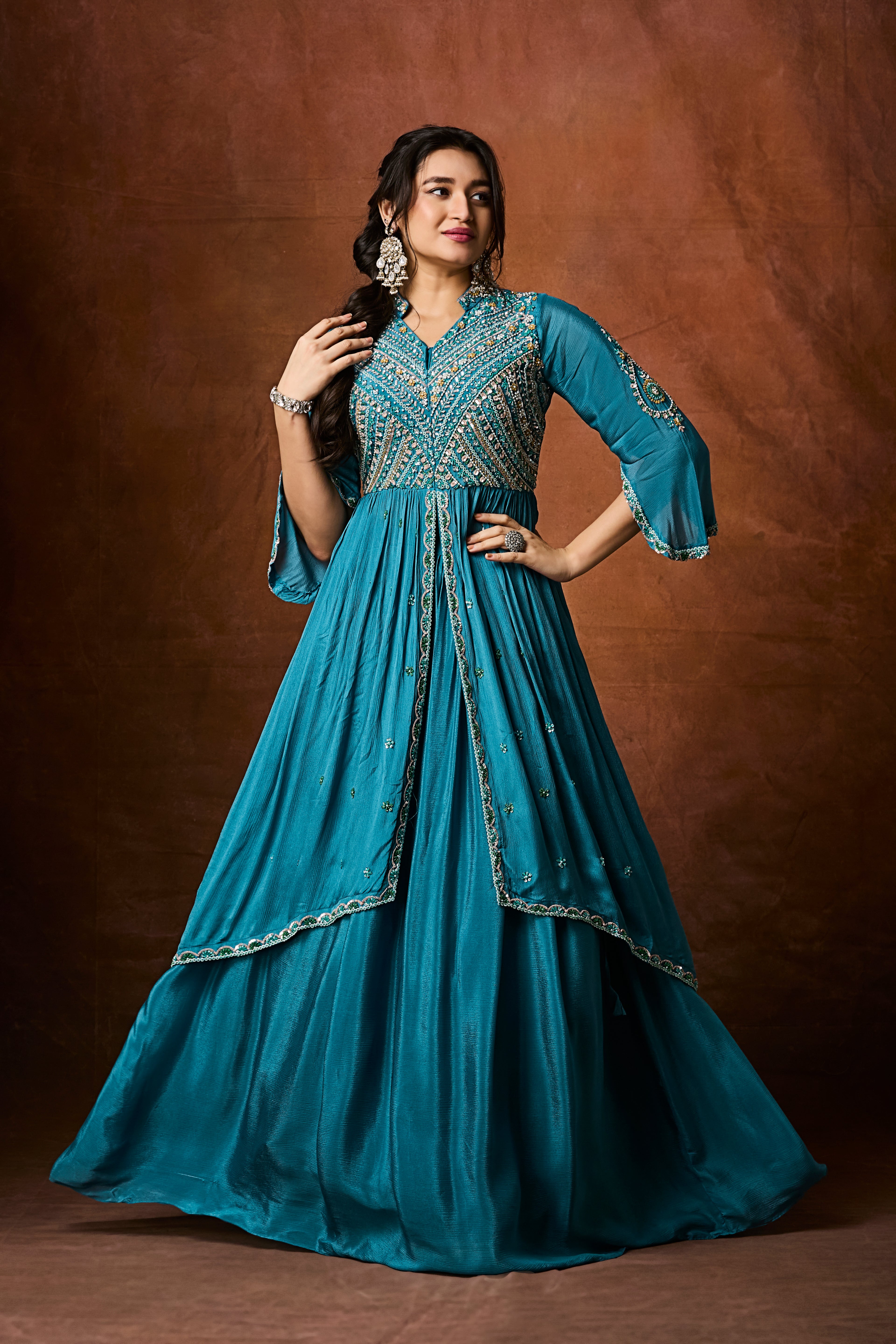 Ocean Blue Embellished Chinon Silk Skirt Set