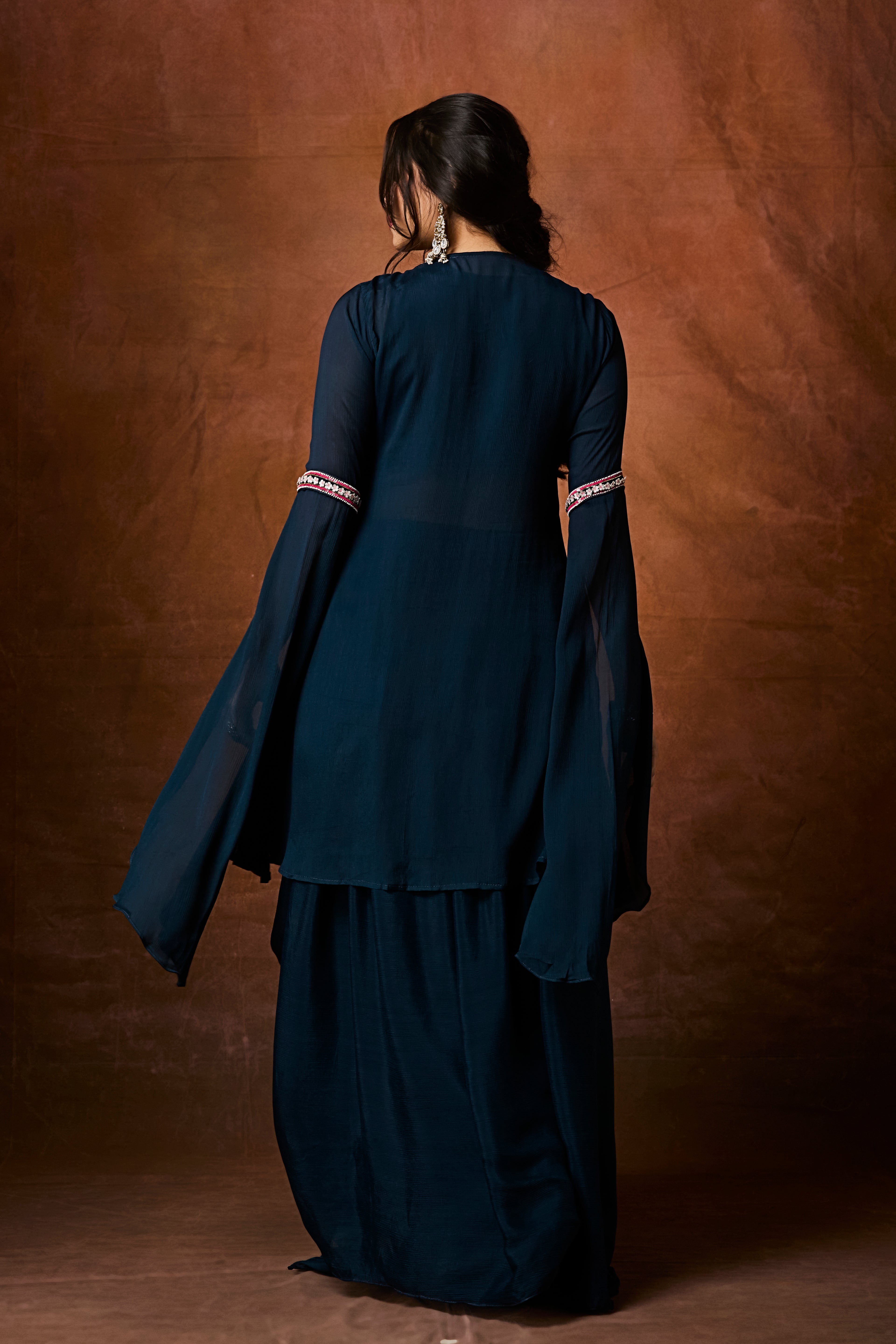 Navy Teal Embellished Chinon Silk Drape Skirt Set