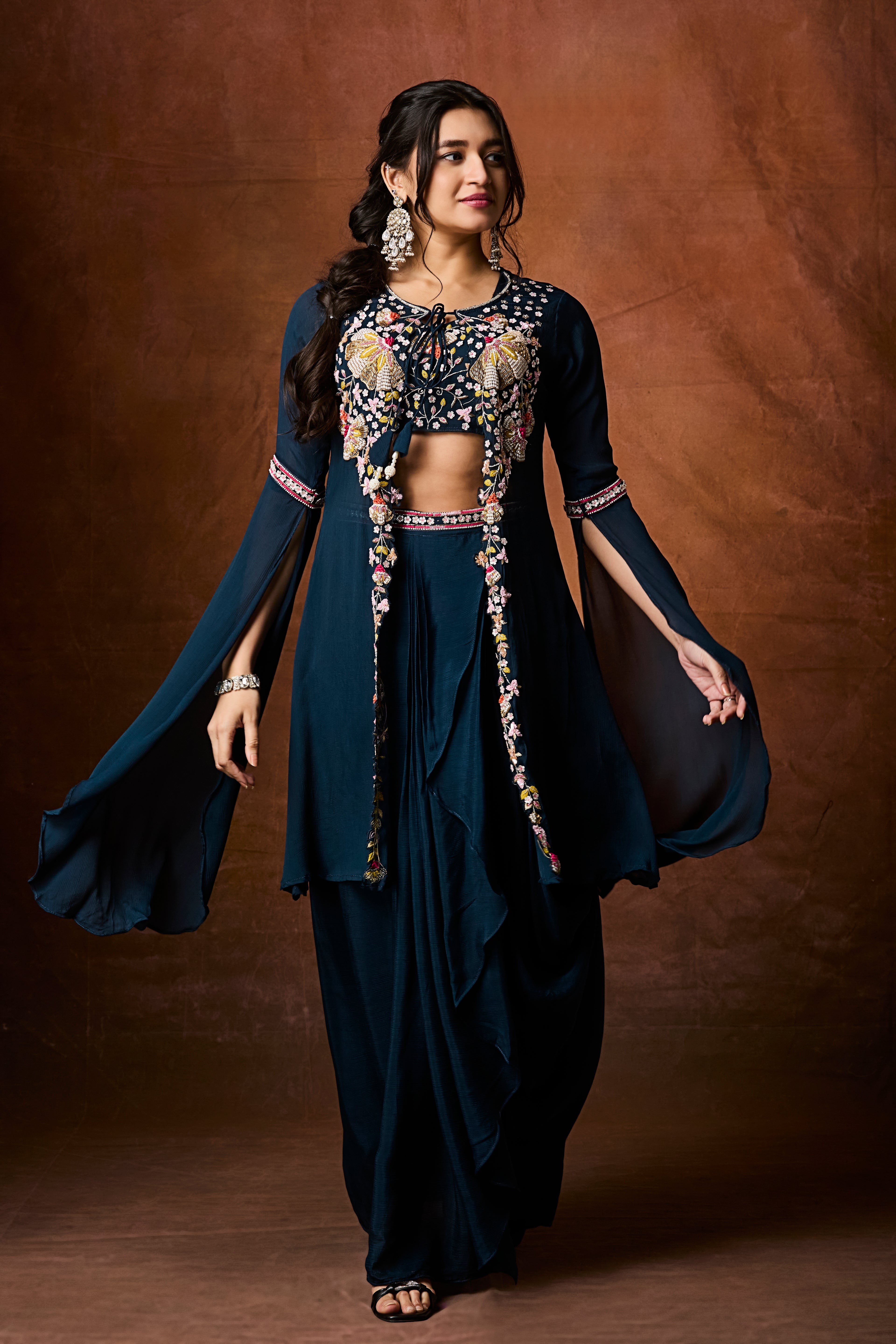 Navy Teal Embellished Chinon Silk Drape Skirt Set
