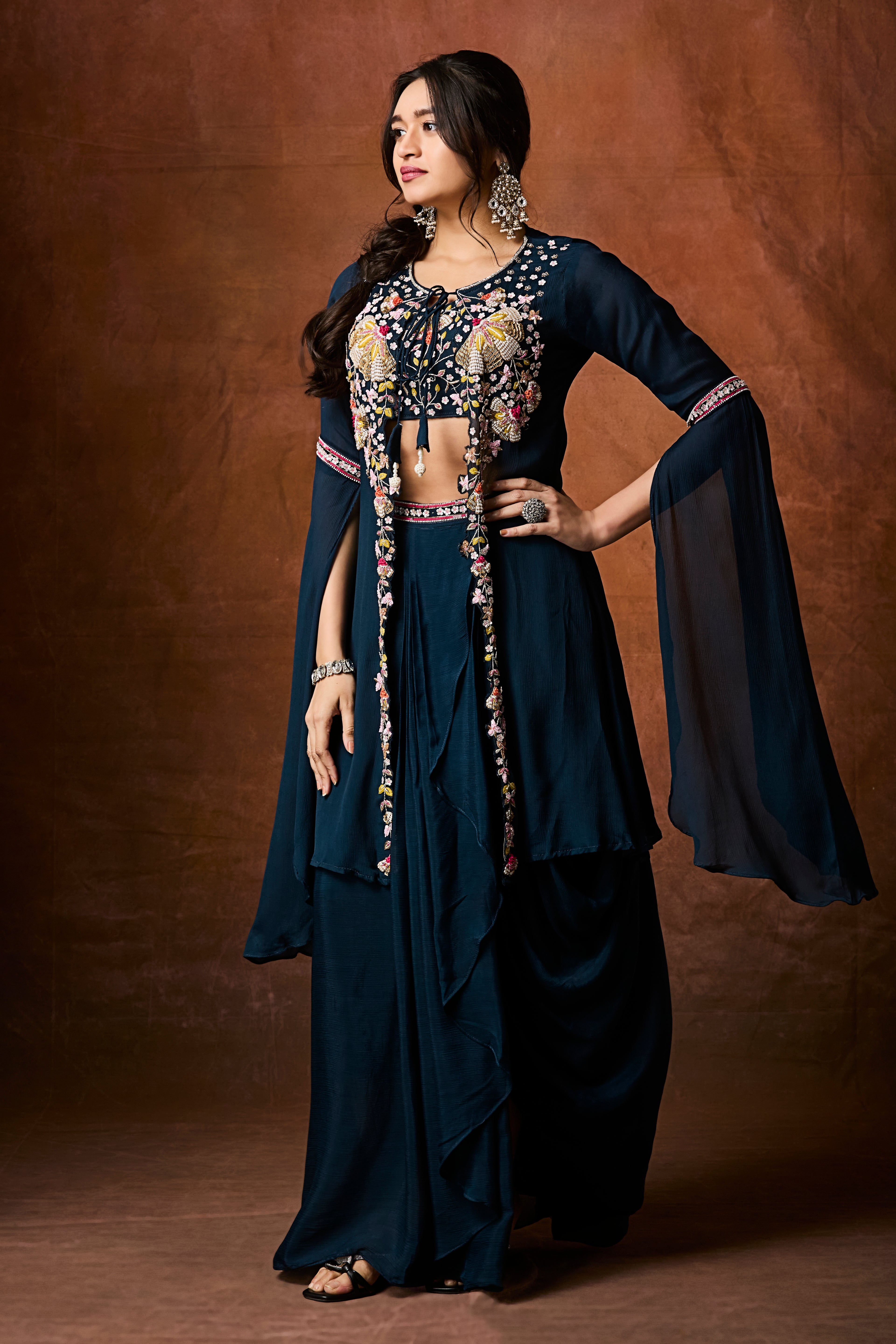 Navy Teal Embellished Chinon Silk Drape Skirt Set
