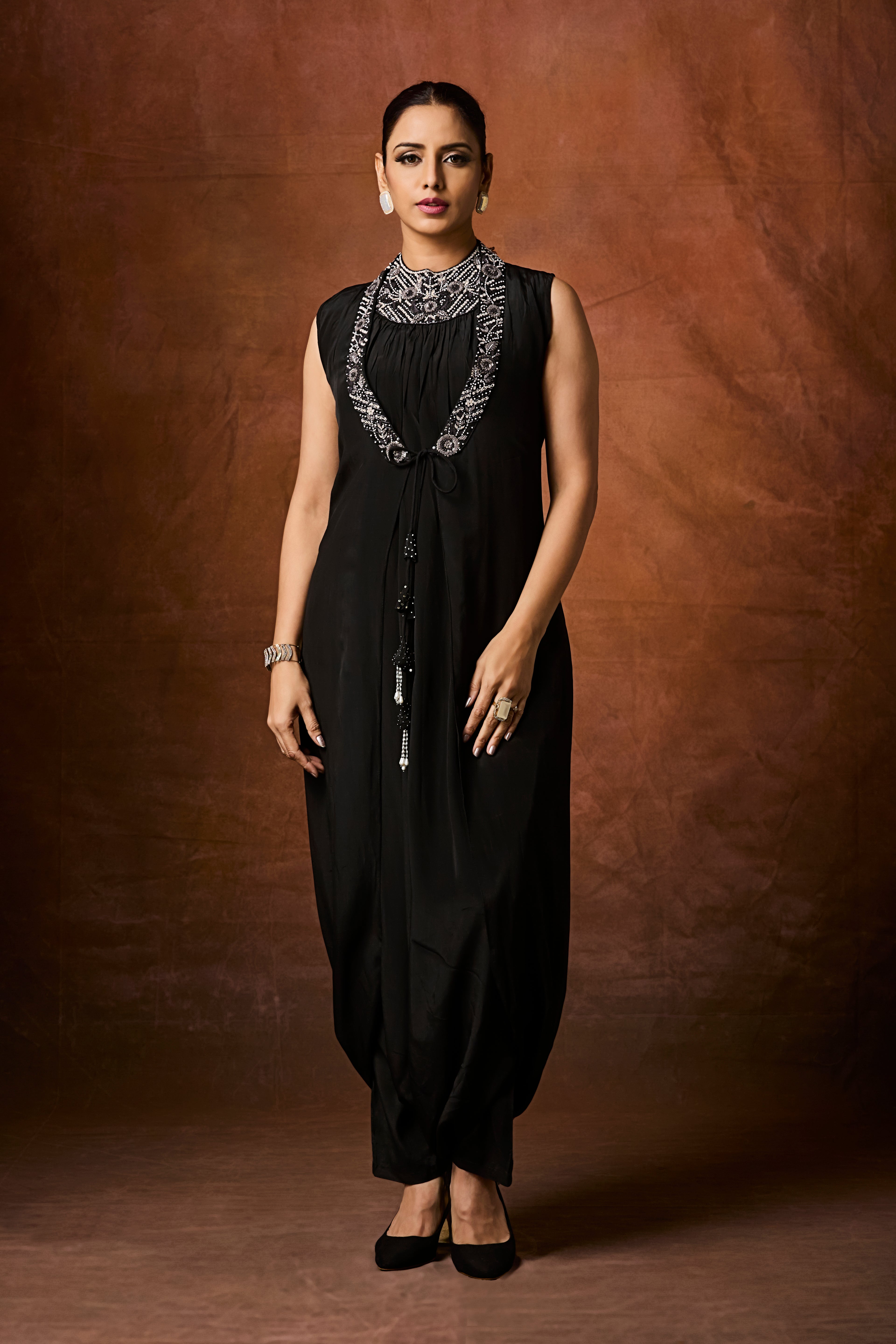 Rich Black Embellished Chinon Silk Cowl Dress
