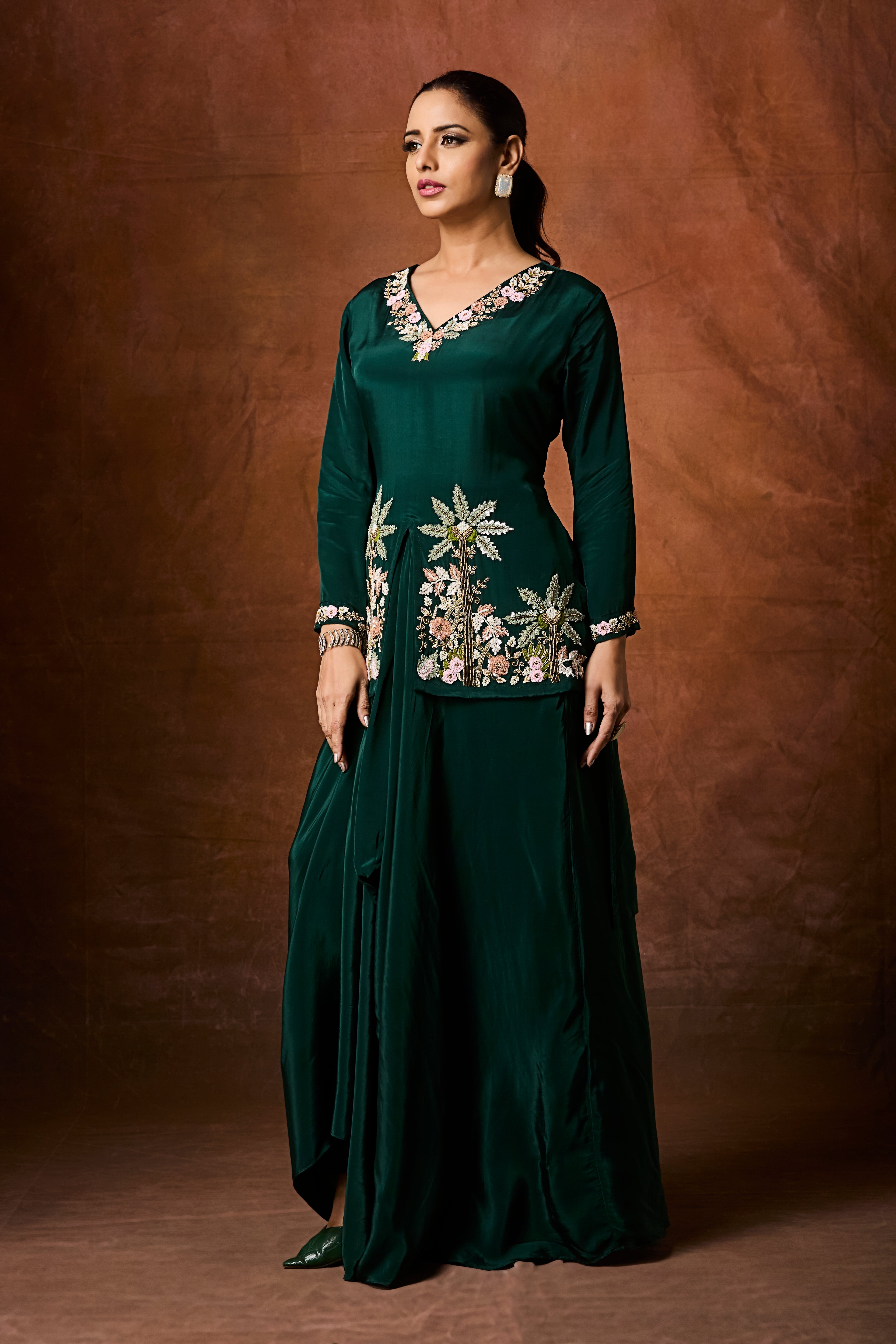 Forest Green Embellished Crepe Silk Skirt Set