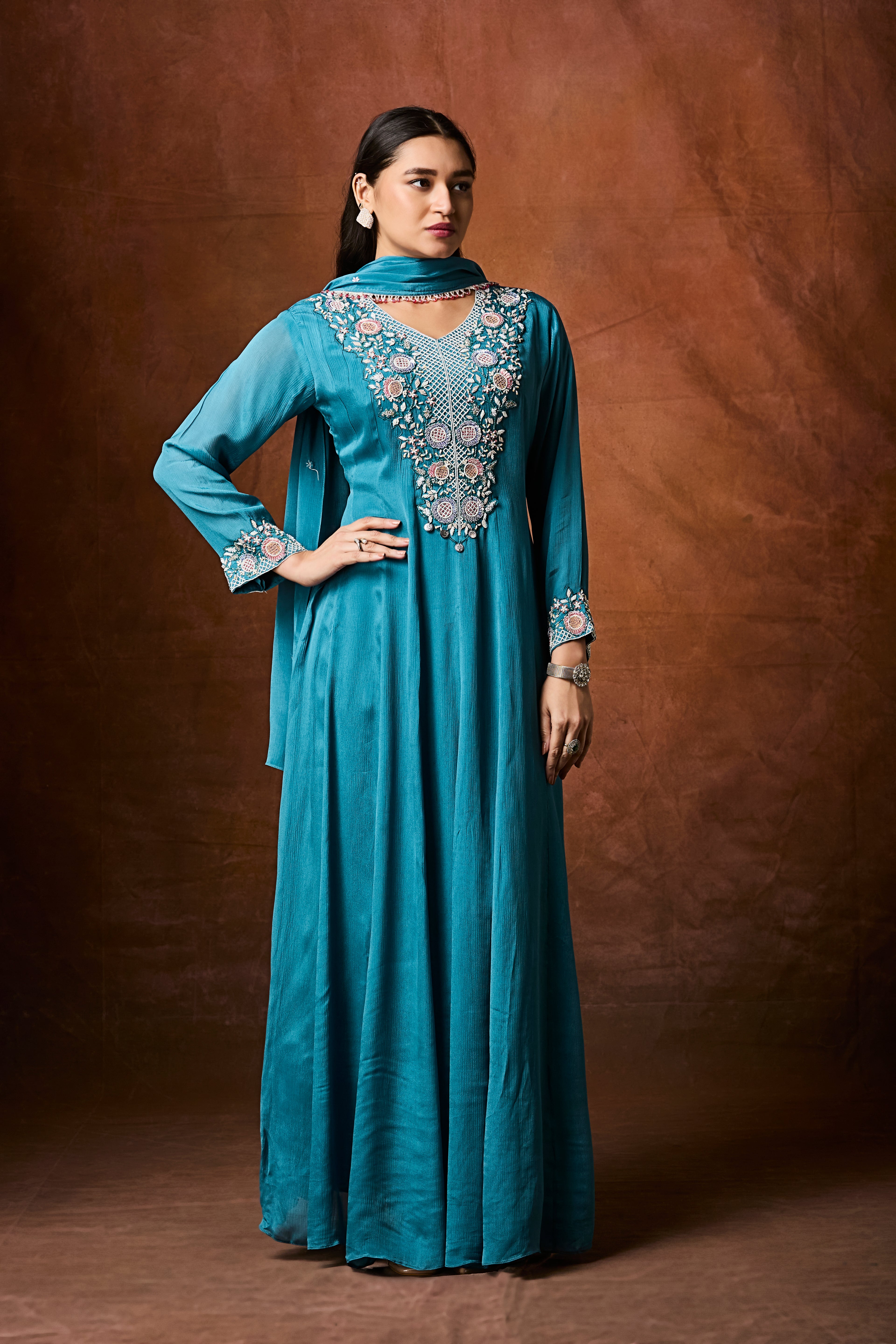 Deep Blue Embellished Chinon Silk Anarkali Set