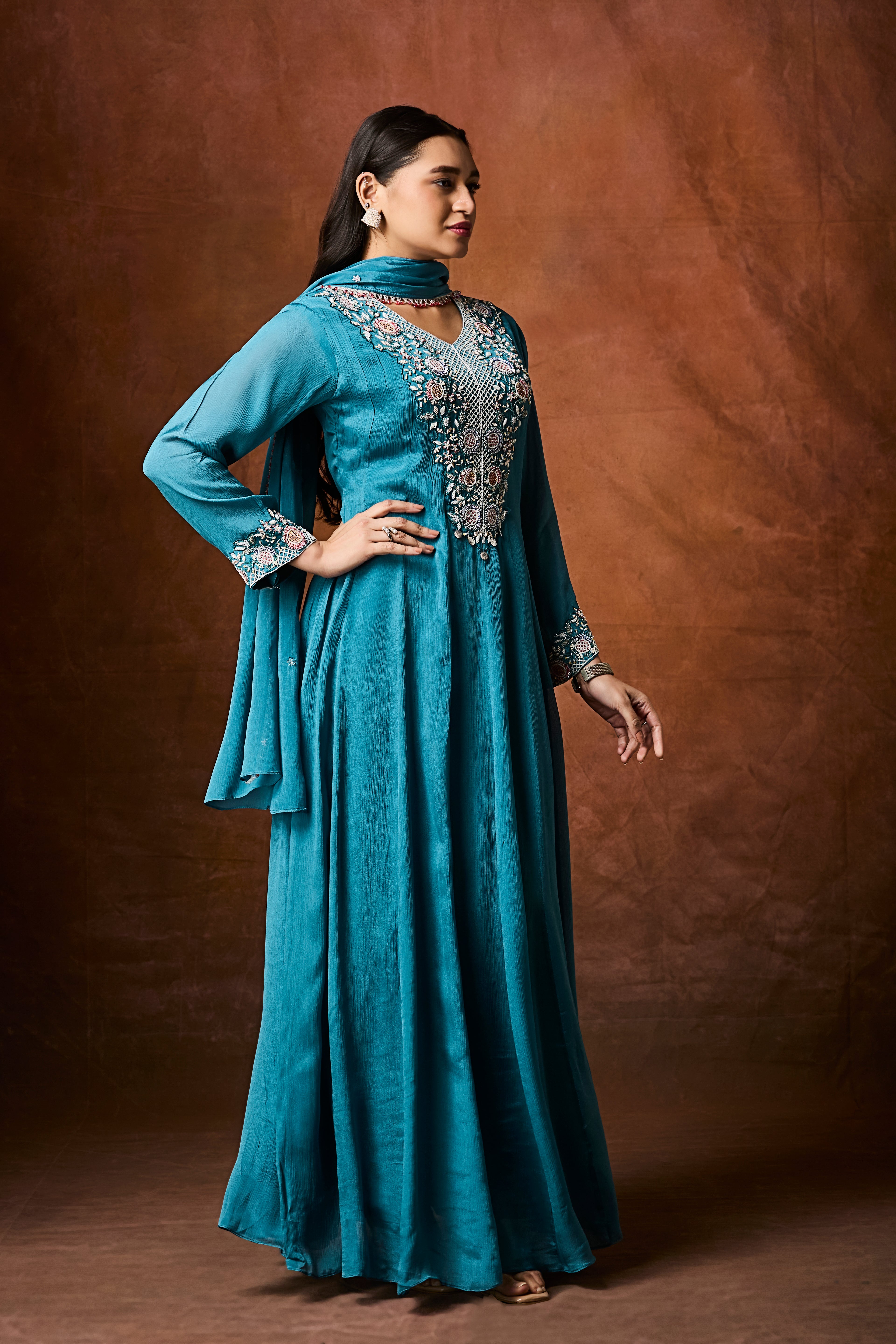 Deep Blue Embellished Chinon Silk Anarkali Set