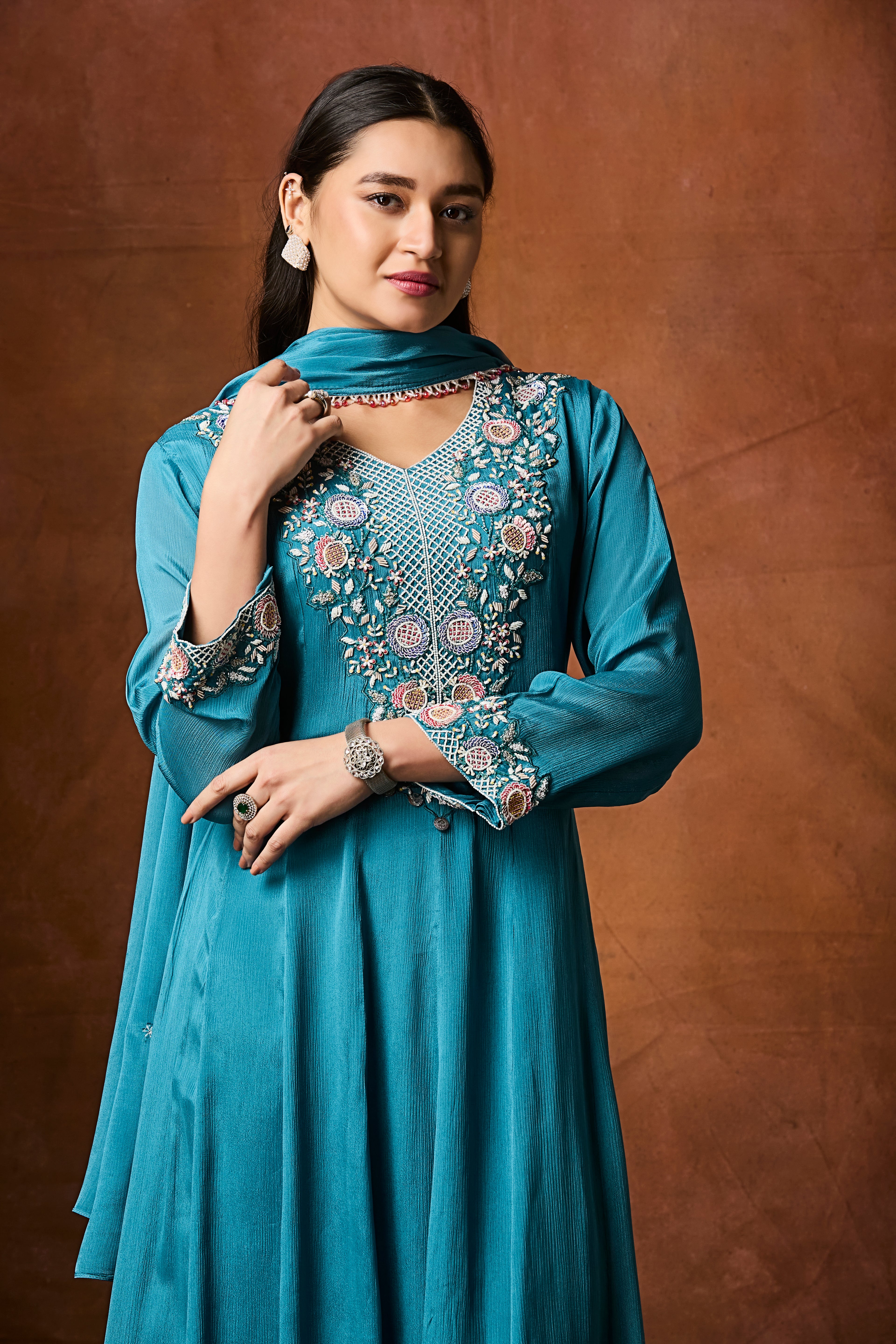 Deep Blue Embellished Chinon Silk Anarkali Set