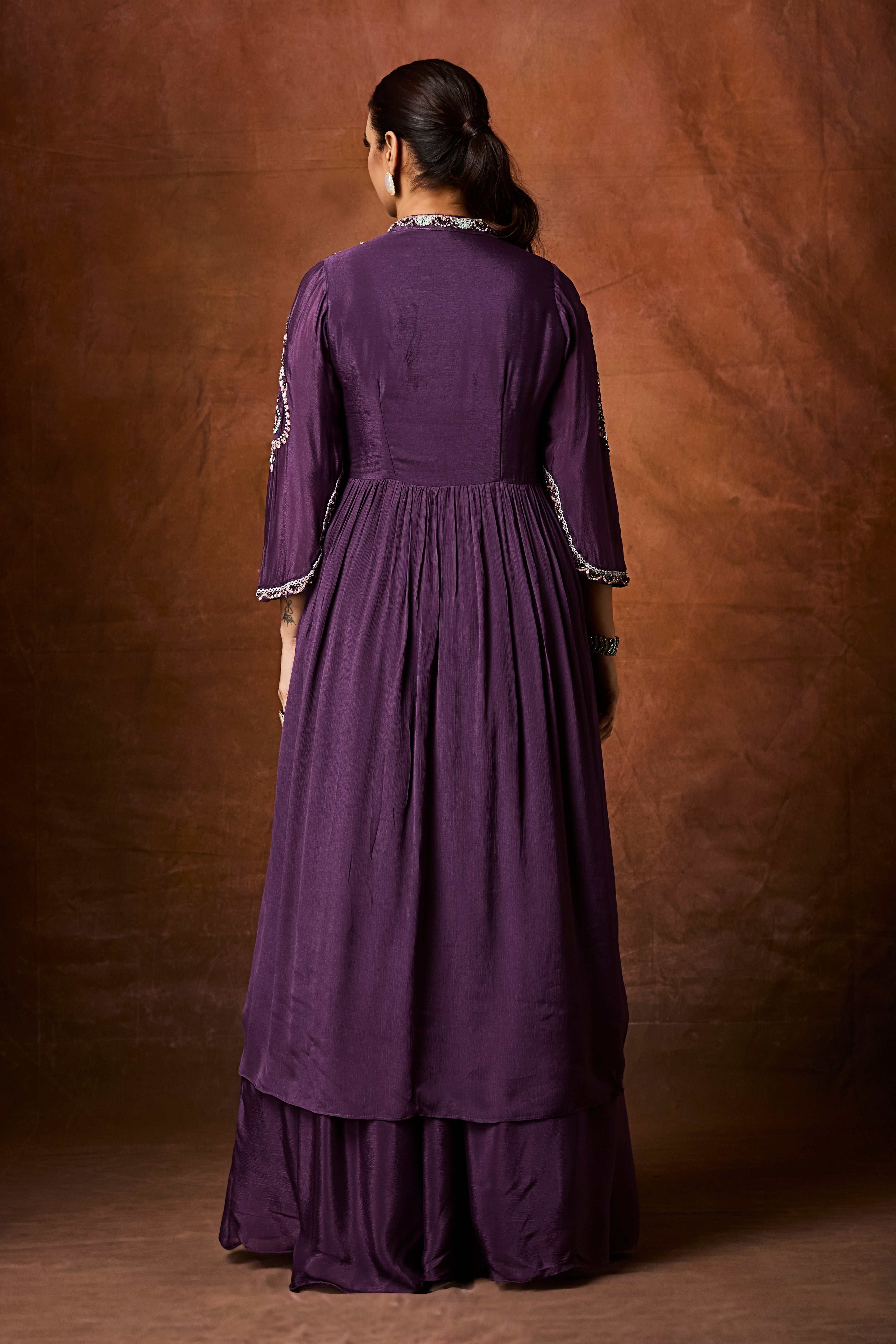 Deep Purple Embellished Chinon Silk Skirt Set