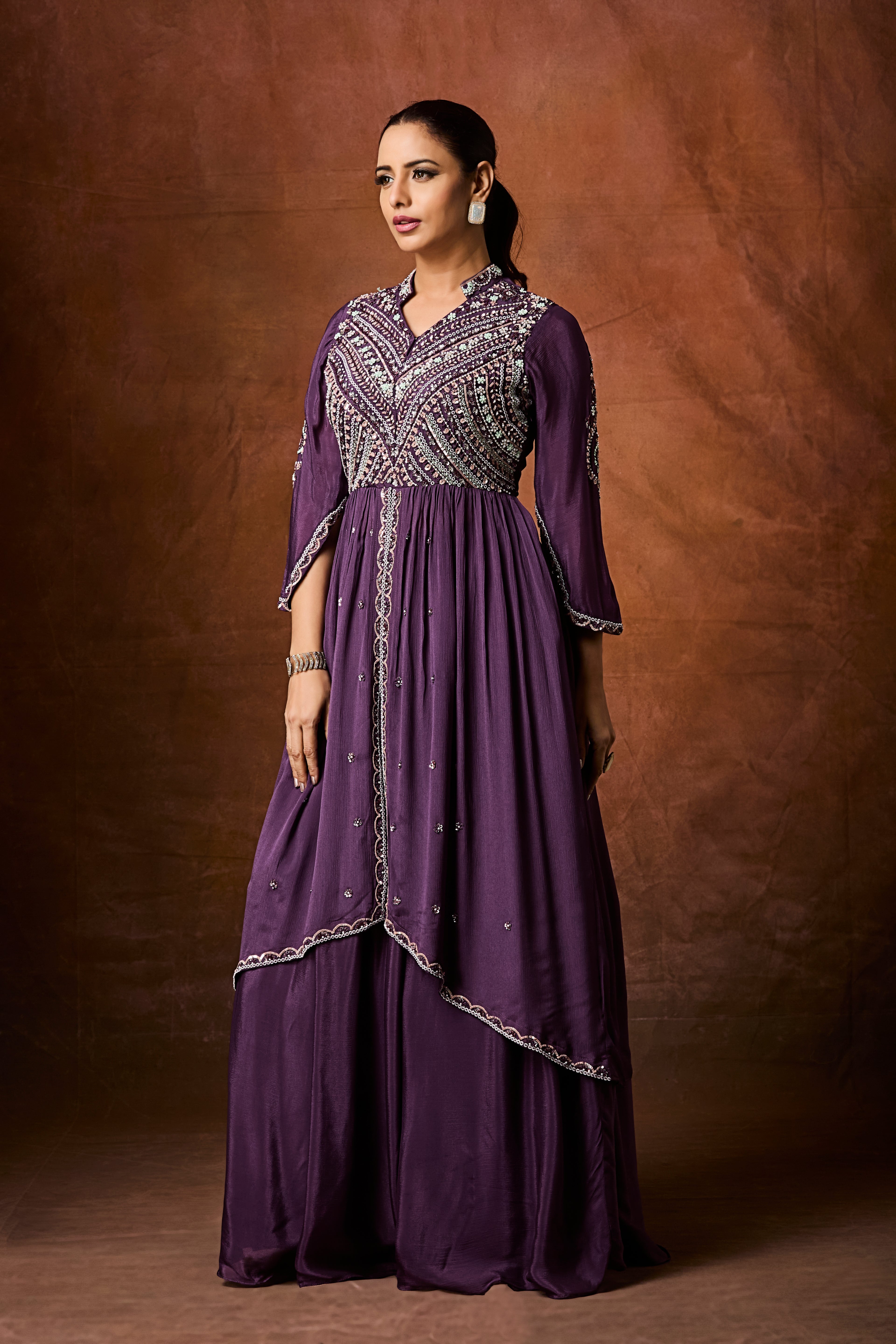 Deep Purple Embellished Chinon Silk Skirt Set