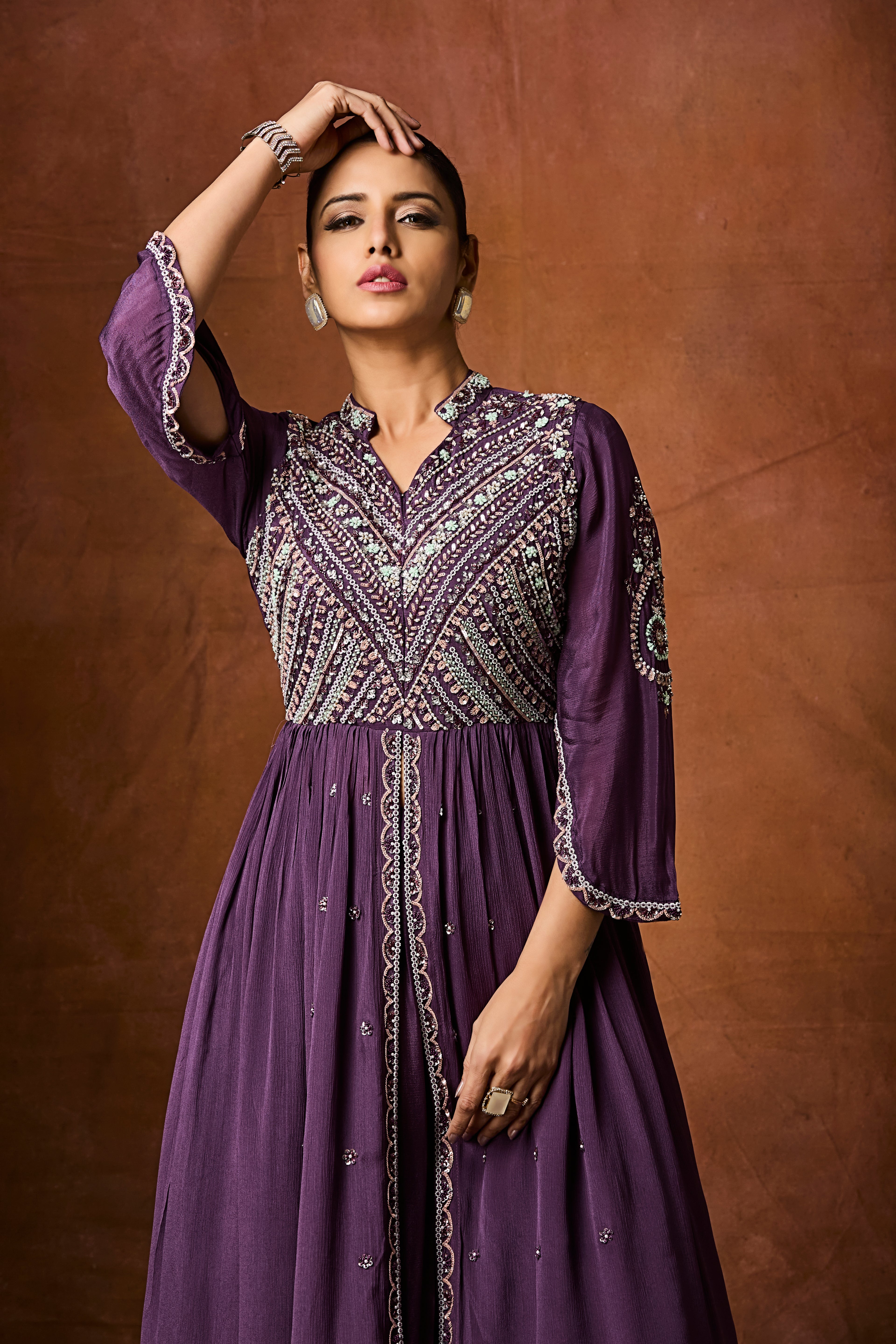 Deep Purple Embellished Chinon Silk Skirt Set