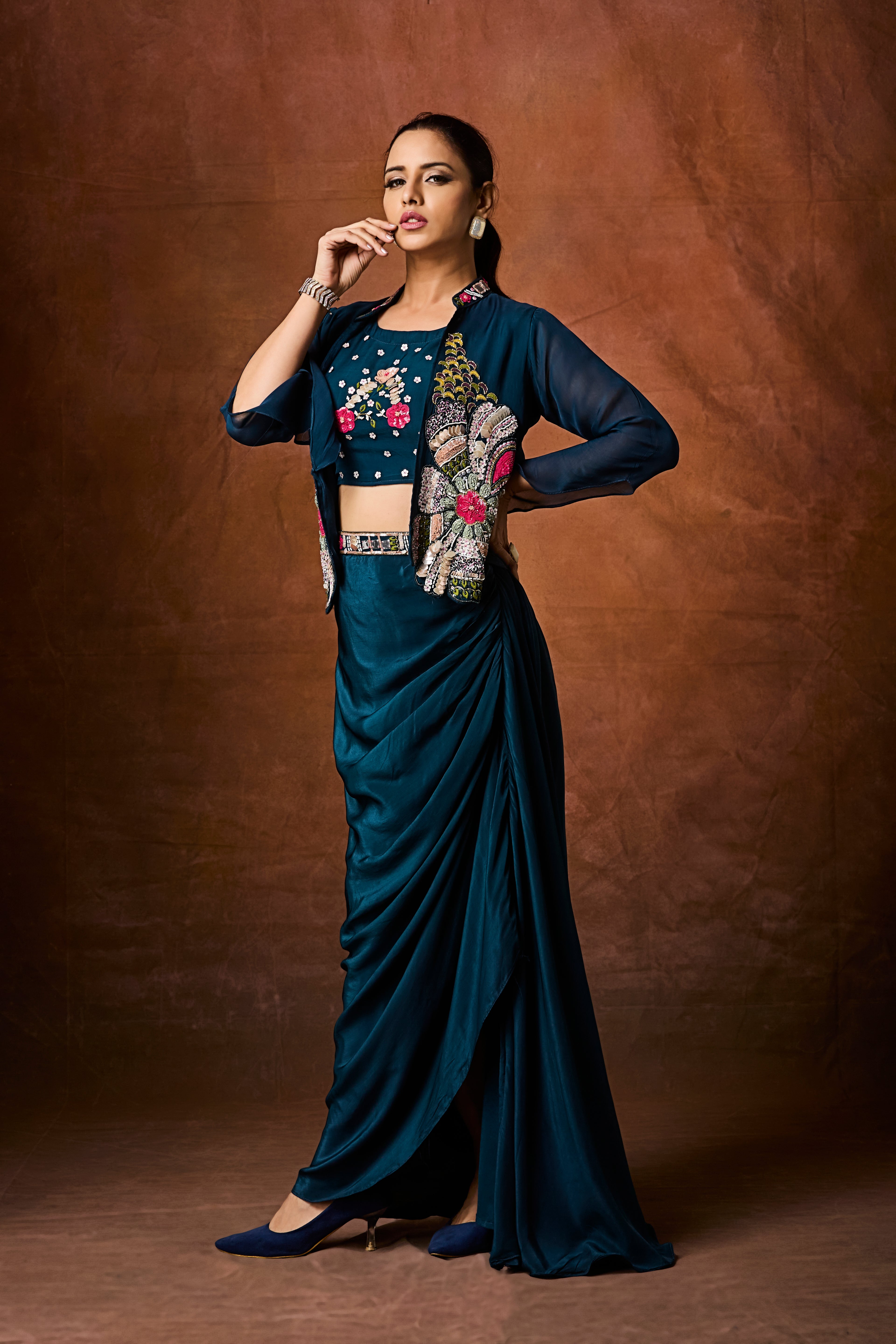 Teal Blue Embellished Crepe Silk Skirt Set