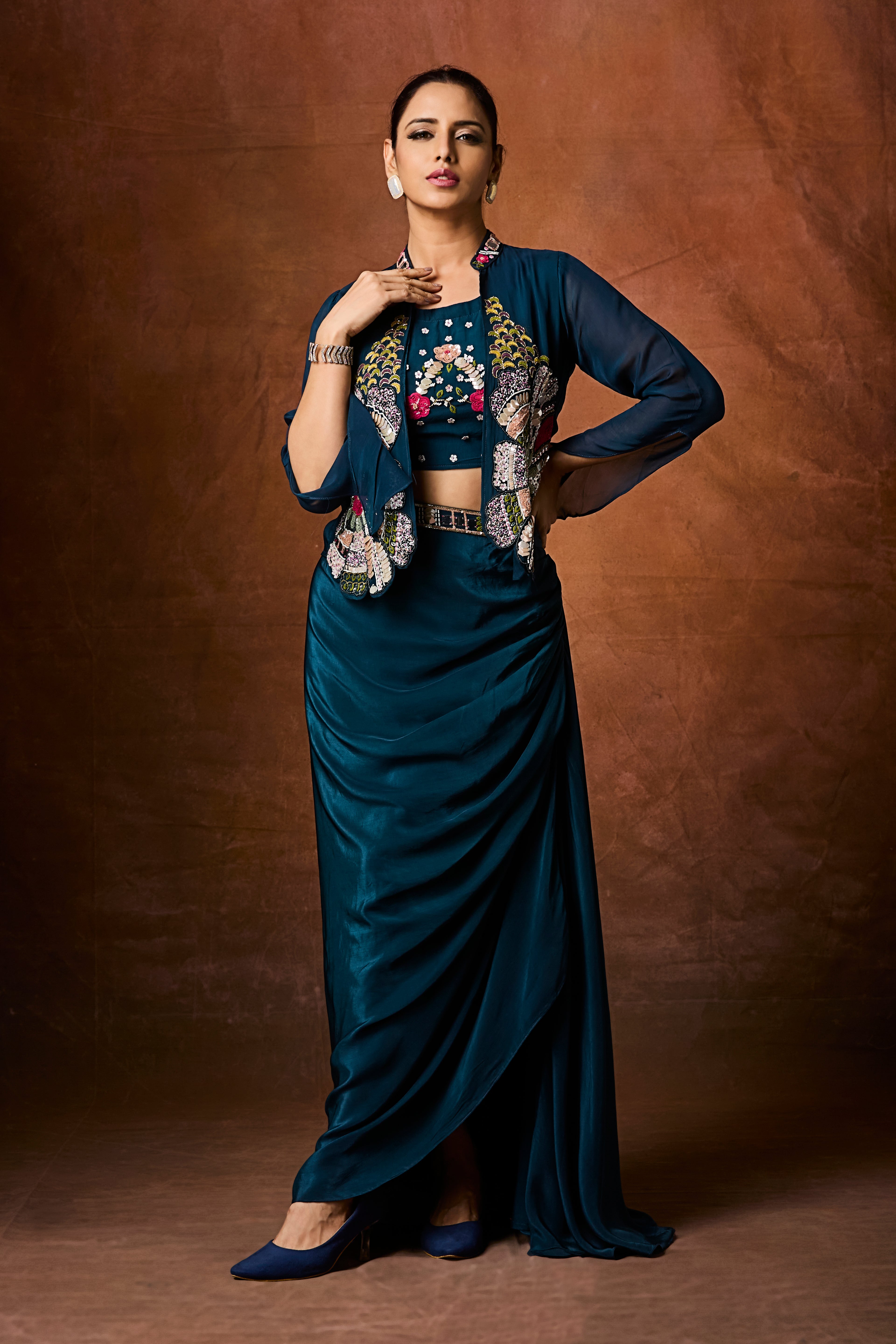 Teal Blue Embellished Crepe Silk Skirt Set